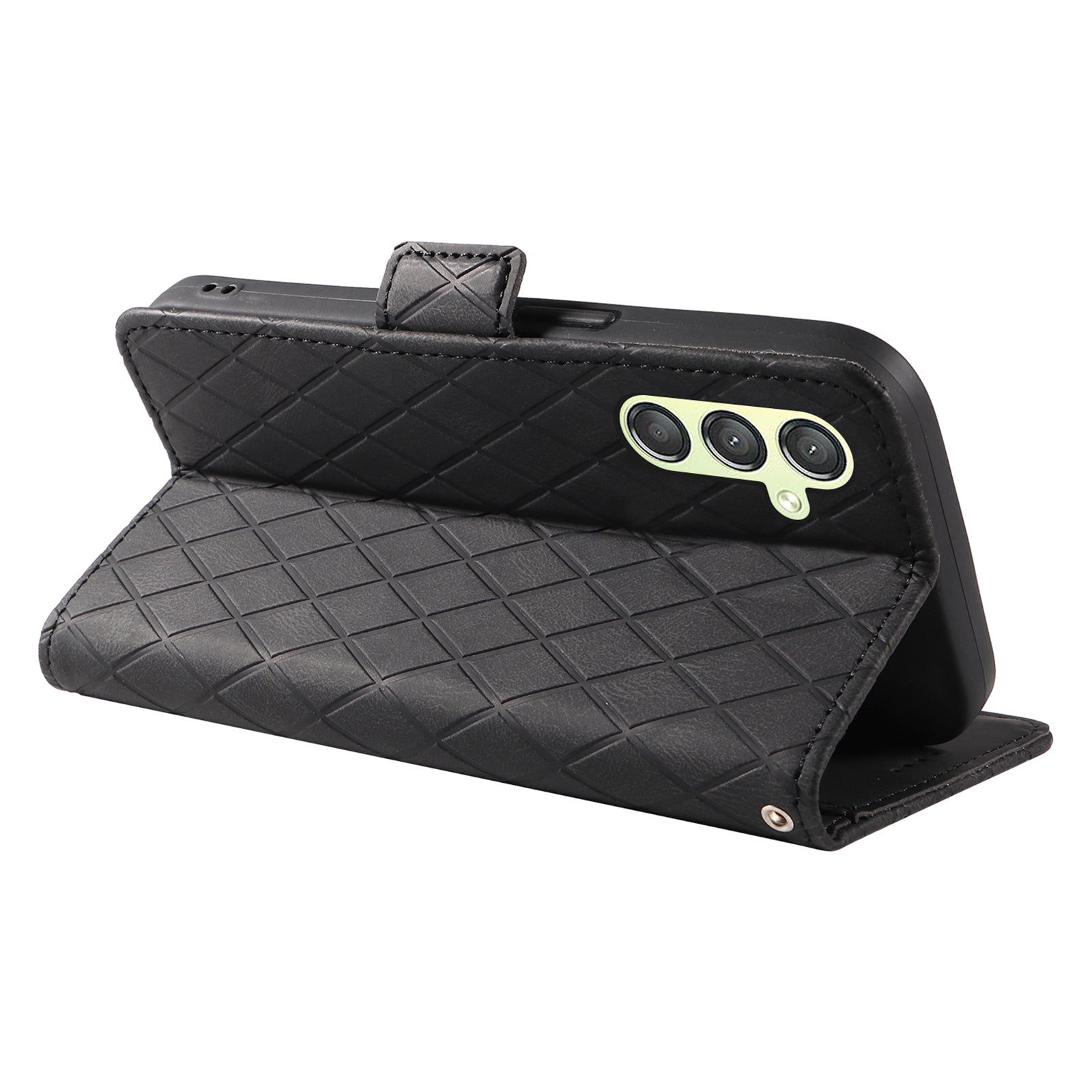 For Samsung Galaxy A24 4G Rhombus Imprinted Leather Wallet Stand Phone Cover Color Splicing Drop-proof Case