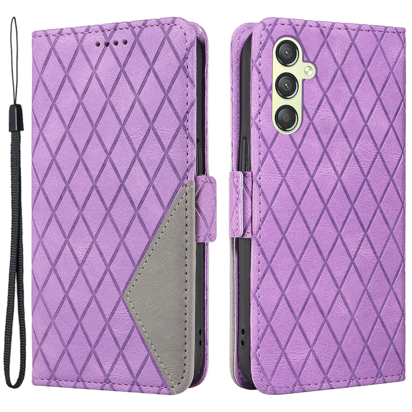 For Samsung Galaxy A24 4G Rhombus Imprinted Leather Wallet Stand Phone Cover Color Splicing Drop-proof Case