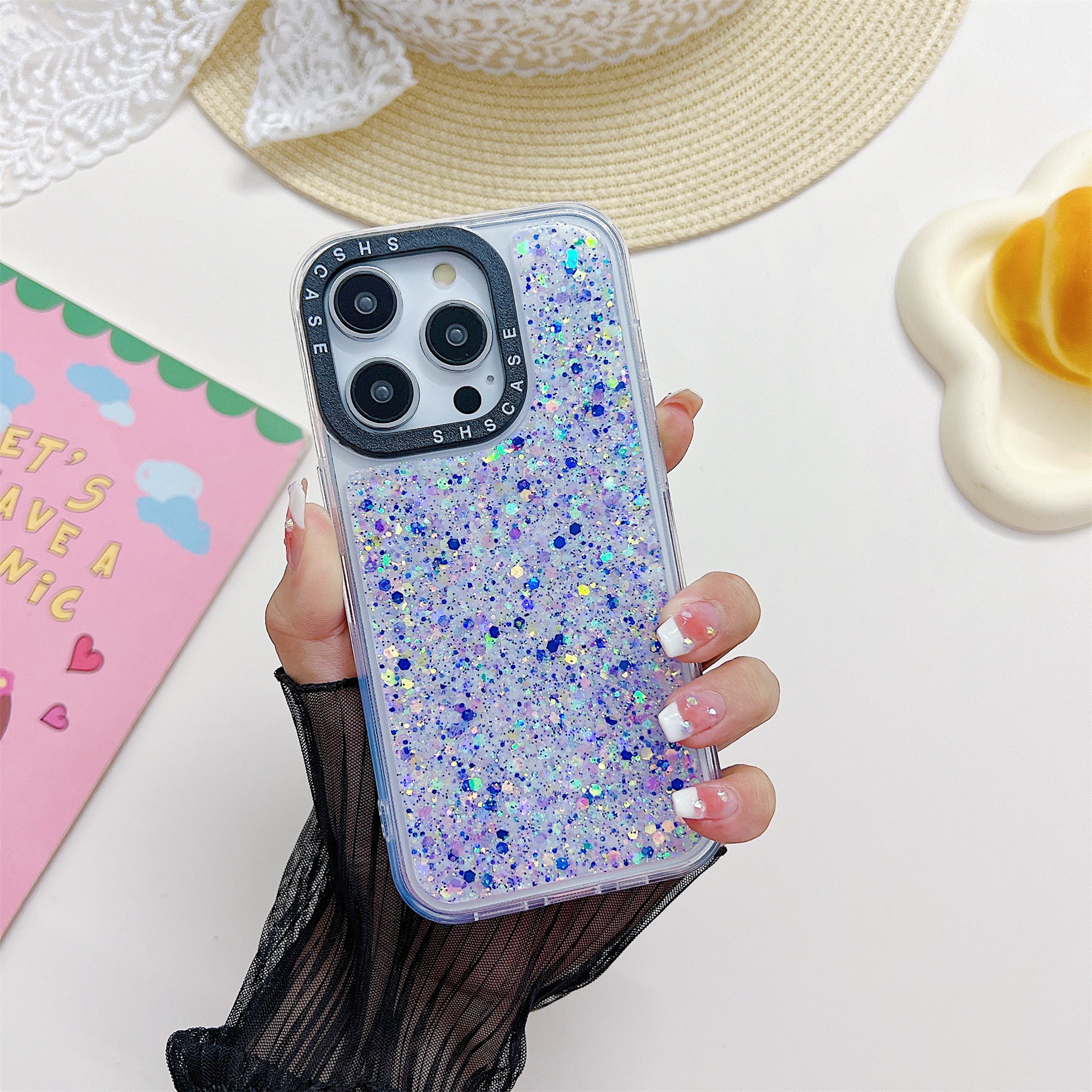 PC TPU-cover til iPhone 14 Pro Max Kamerabeskyttelsesramme Epoxy Glitter Sparkle Luminous telefoncover