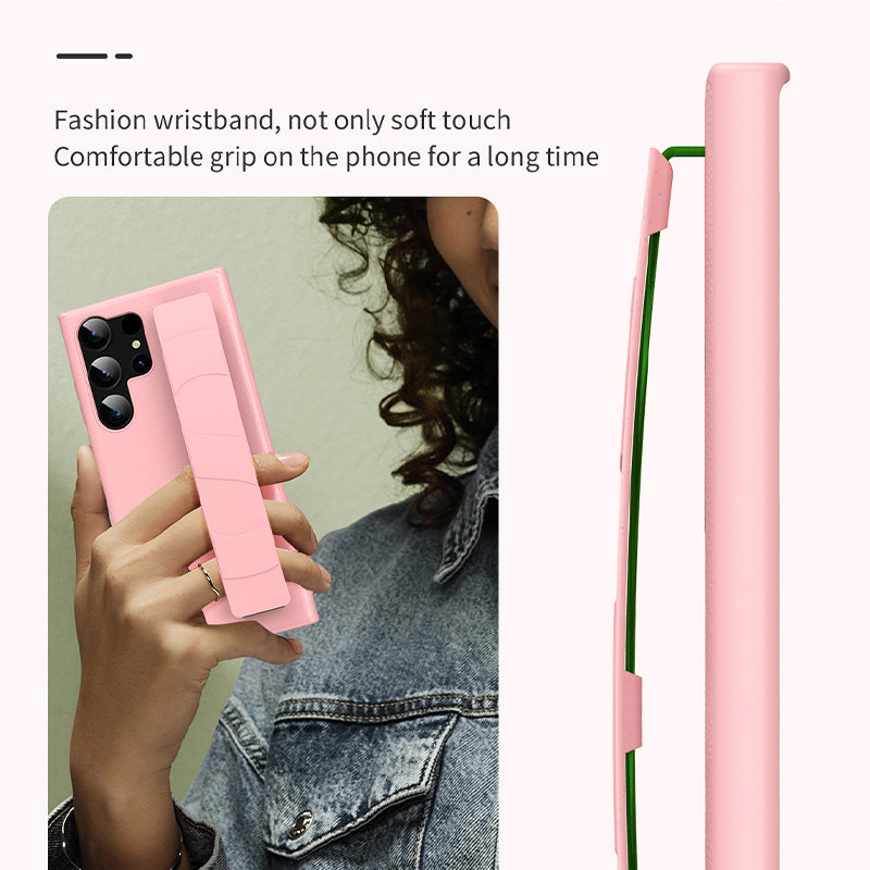 Back Case for Samsung Galaxy S23 Ultra Litchi Texture PU Leather Coated PC TPU Phone Cover with Wristband