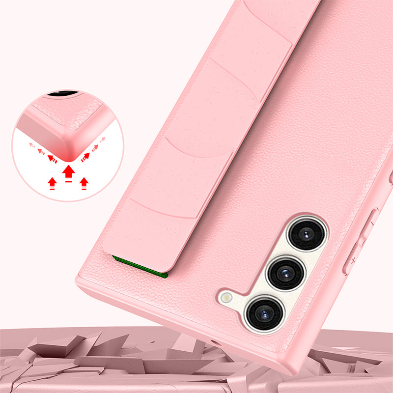 For Samsung Galaxy S22 5G Anti-drop Phone Cover Litchi Texture PU Leather Coated PC TPU Case with Wristband