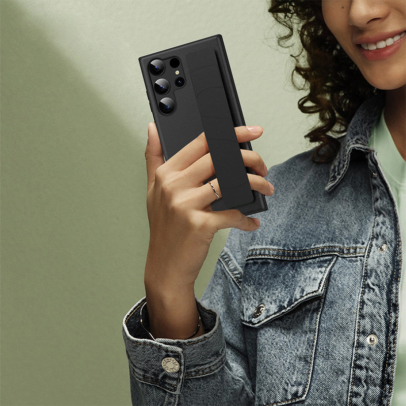 For Samsung Galaxy S22 Ultra 5G Litchi Texture PU Leather Coated PC TPU Shockproof Case Phone Cover with Wristband