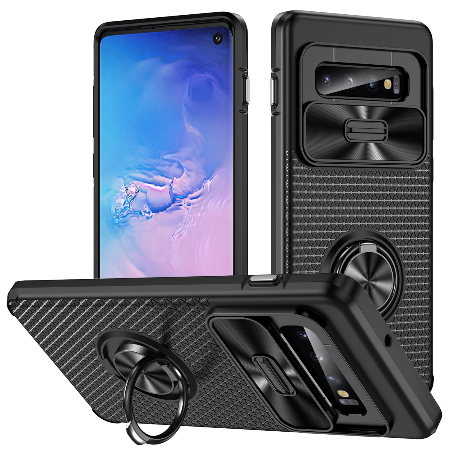 For Samsung Galaxy S10 Ring Kickstand Phone Case PC TPU Back Cover with Slide Camera Lid