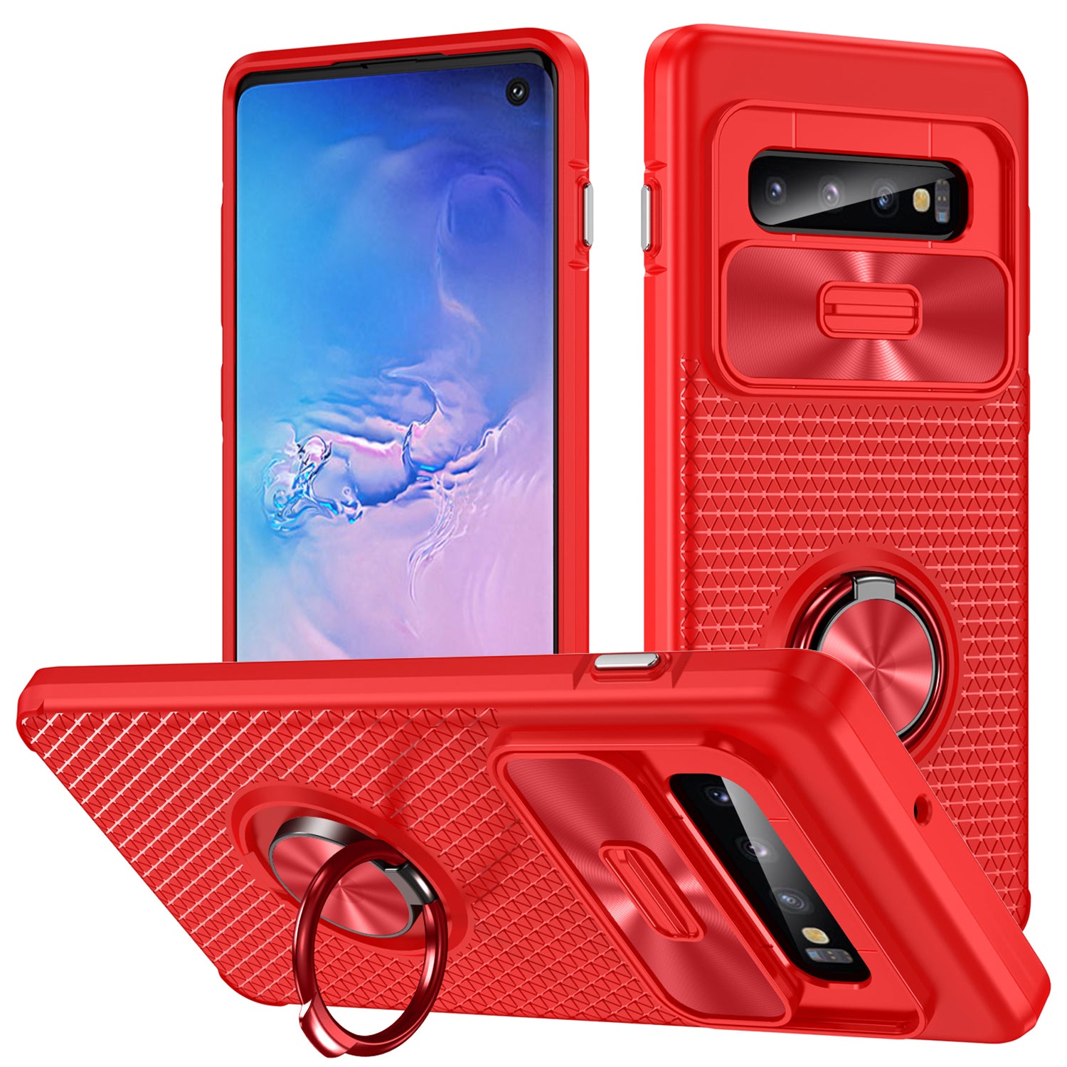 For Samsung Galaxy S10 Ring Kickstand Phone Case PC TPU Back Cover with Slide Camera Lid