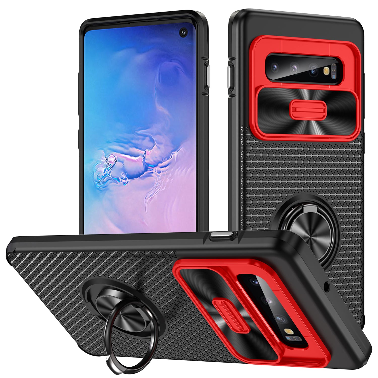 For Samsung Galaxy S10 Ring Kickstand Phone Case PC TPU Back Cover with Slide Camera Lid