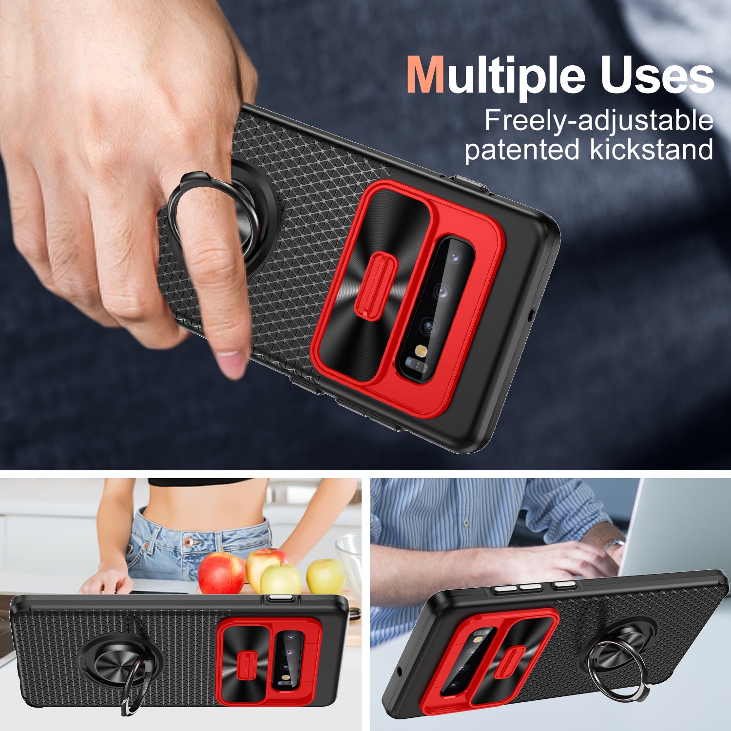 For Samsung Galaxy S10 Ring Kickstand Phone Case PC TPU Back Cover with Slide Camera Lid