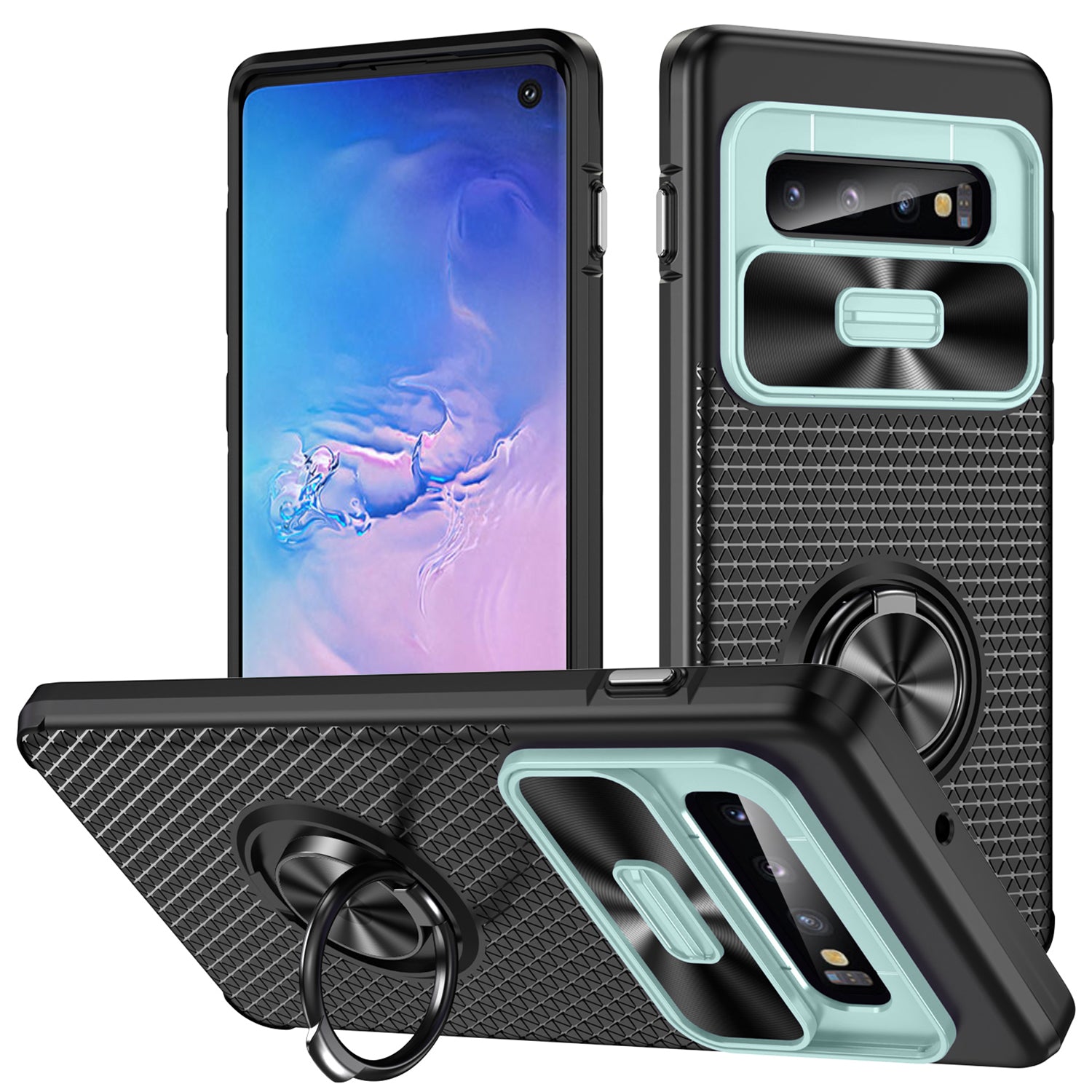 For Samsung Galaxy S10 Ring Kickstand Phone Case PC TPU Back Cover with Slide Camera Lid