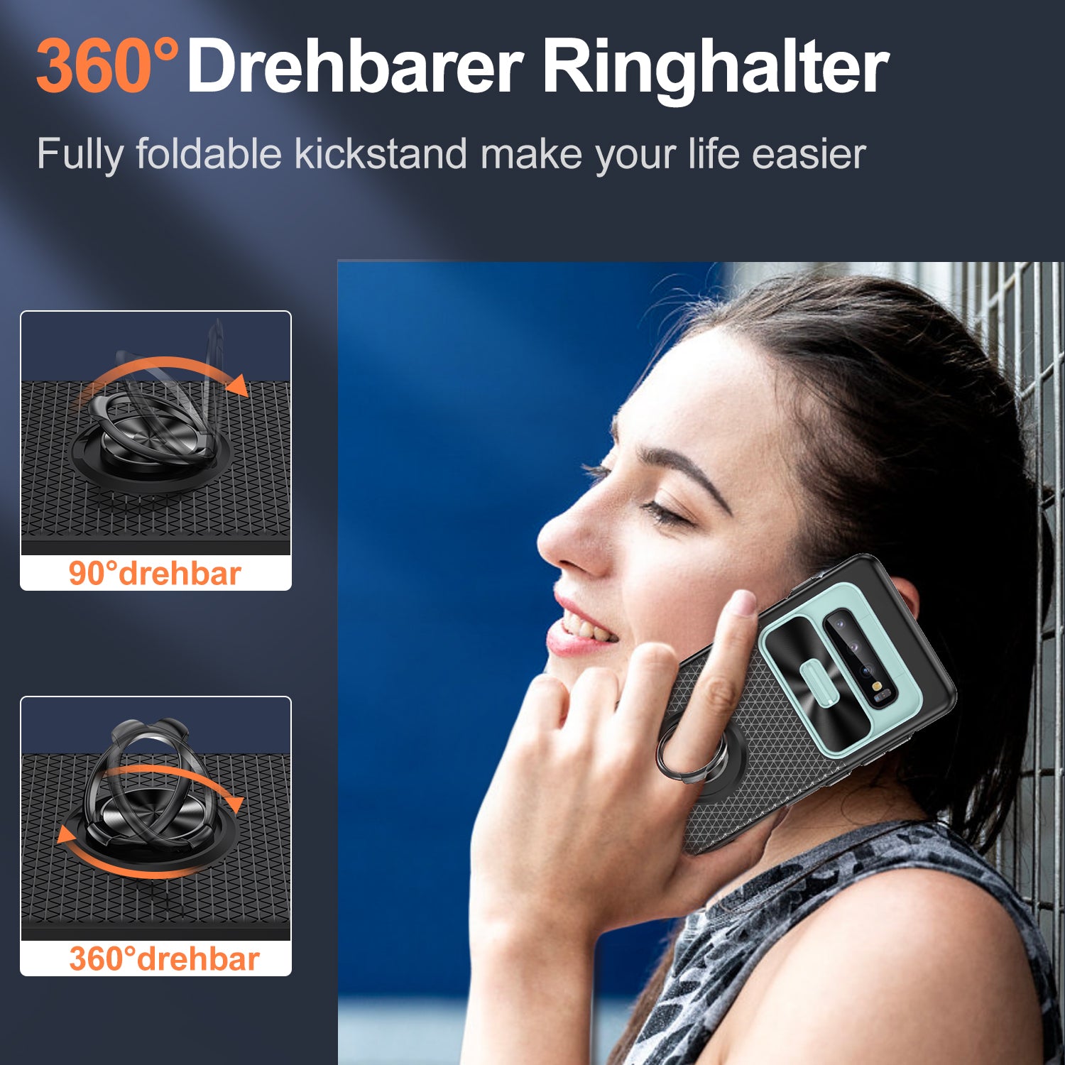 For Samsung Galaxy S10 Ring Kickstand Phone Case PC TPU Back Cover with Slide Camera Lid