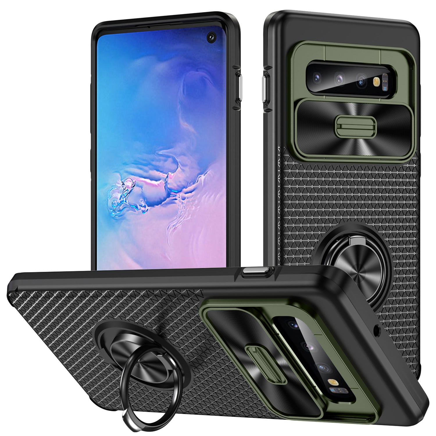 For Samsung Galaxy S10 Ring Kickstand Phone Case PC TPU Back Cover with Slide Camera Lid