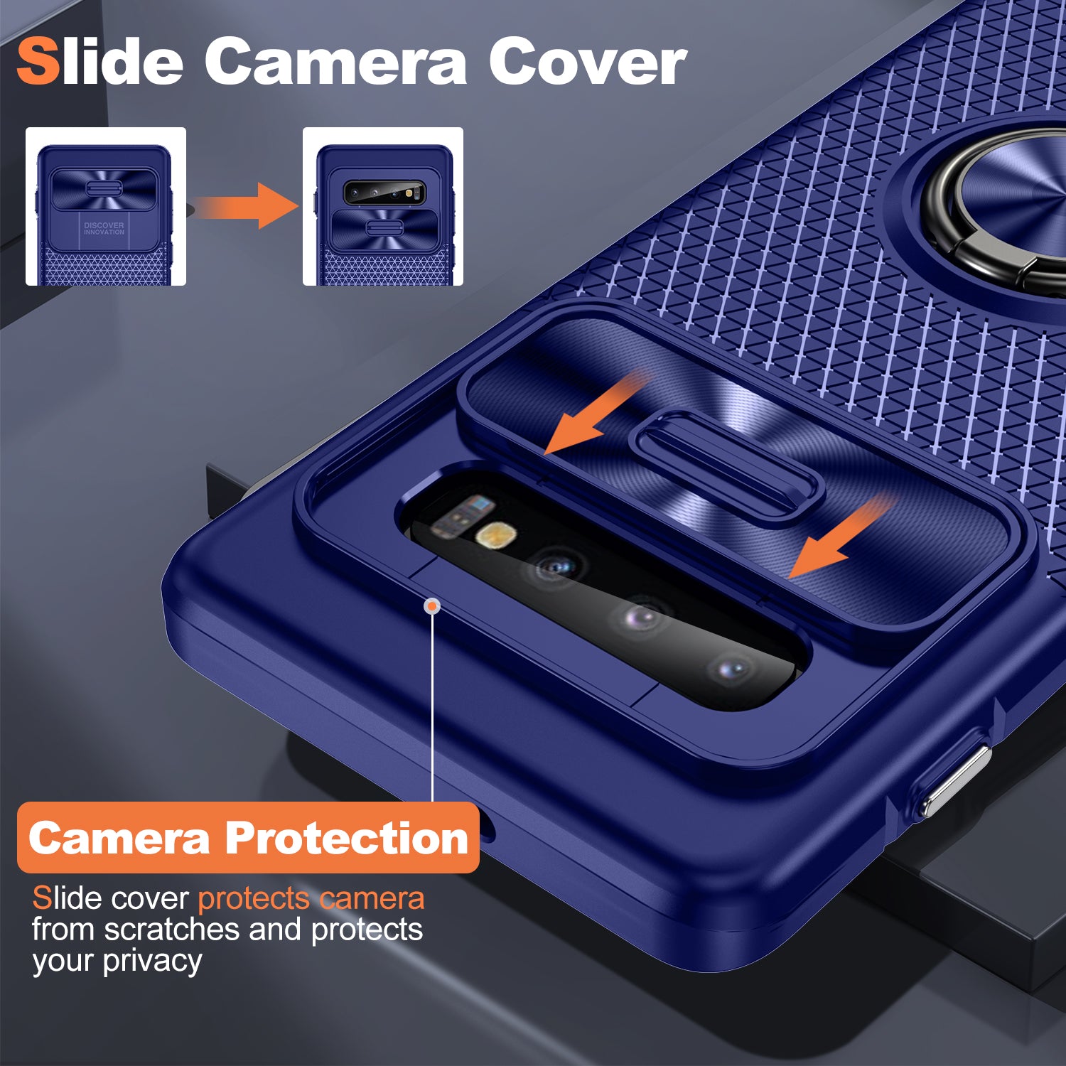 For Samsung Galaxy S10 Ring Kickstand Phone Case PC TPU Back Cover with Slide Camera Lid