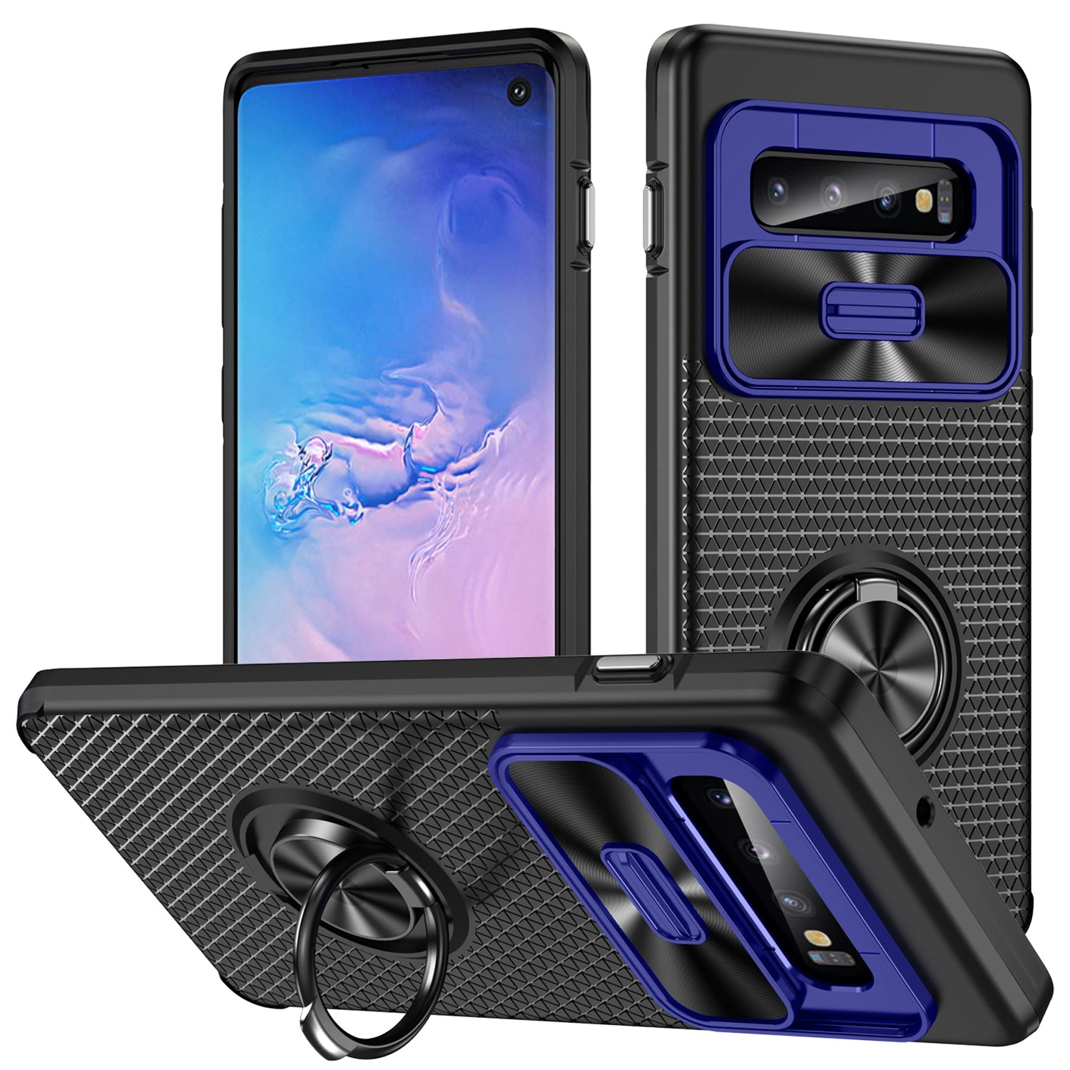 For Samsung Galaxy S10 Ring Kickstand Phone Case PC TPU Back Cover with Slide Camera Lid