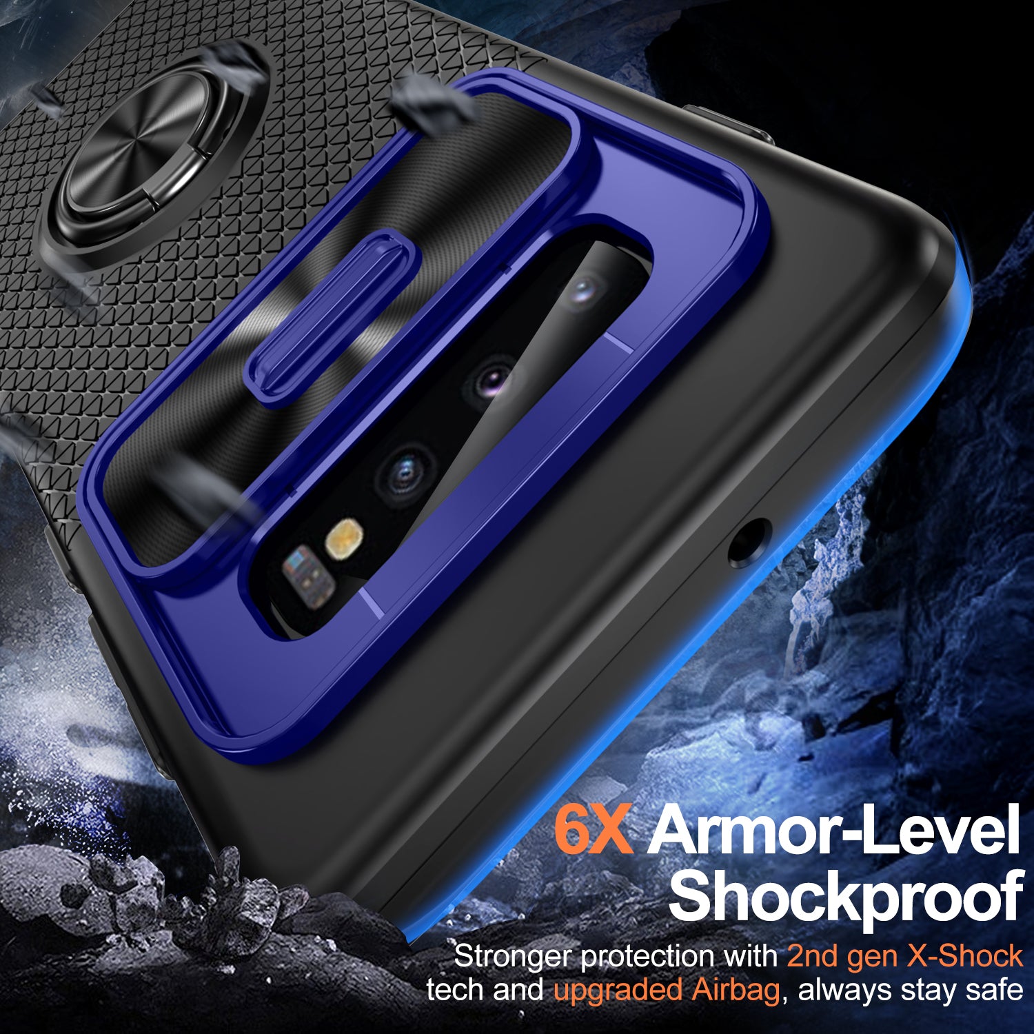 For Samsung Galaxy S10 Ring Kickstand Phone Case PC TPU Back Cover with Slide Camera Lid