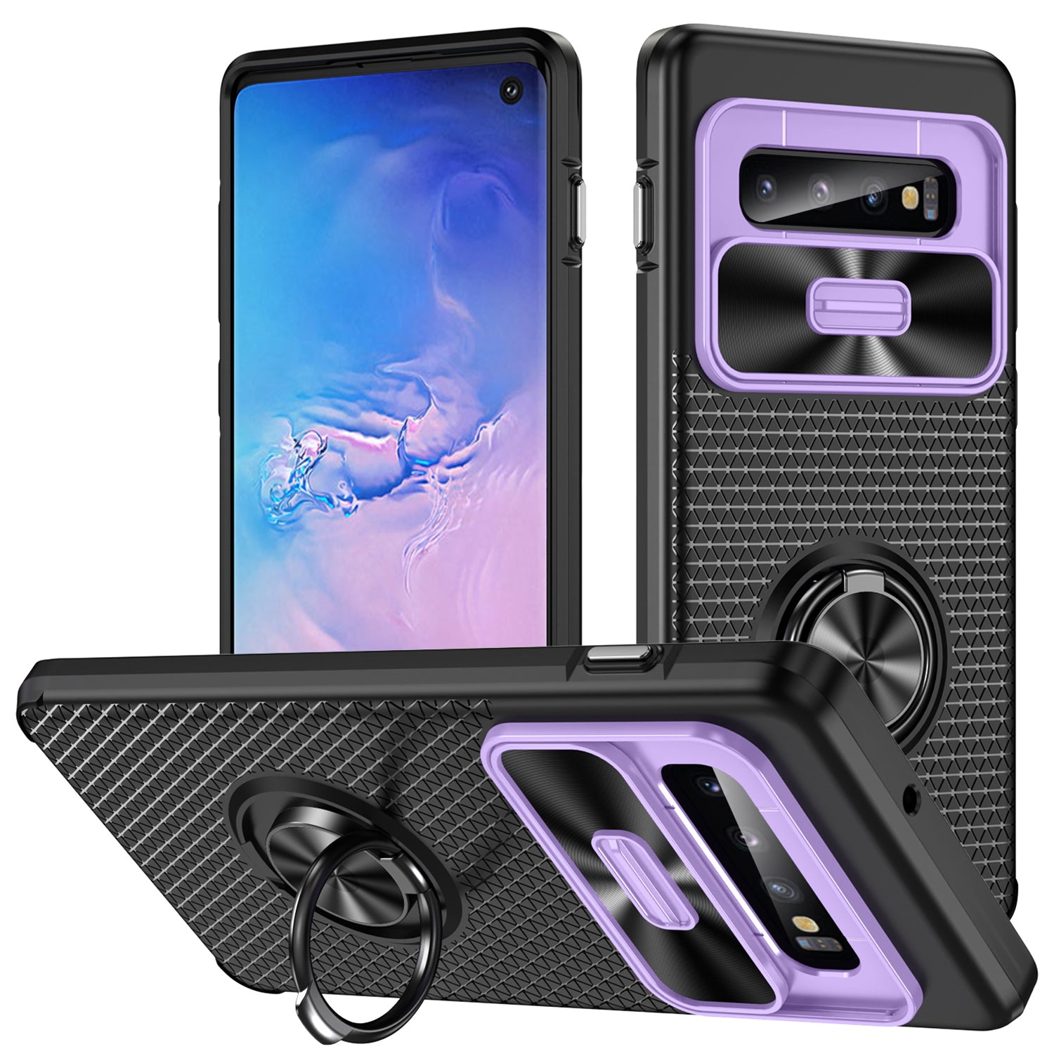 For Samsung Galaxy S10 Ring Kickstand Phone Case PC TPU Back Cover with Slide Camera Lid