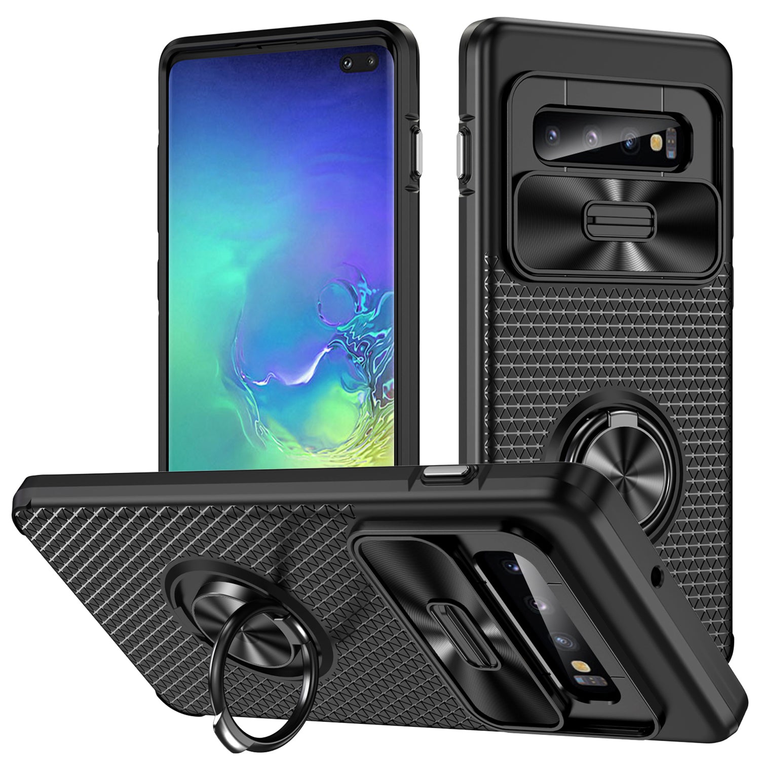 For Samsung Galaxy S10 Plus Ring Kickstand Phone Case Slide Camera Protection PC TPU Anti-drop Cover