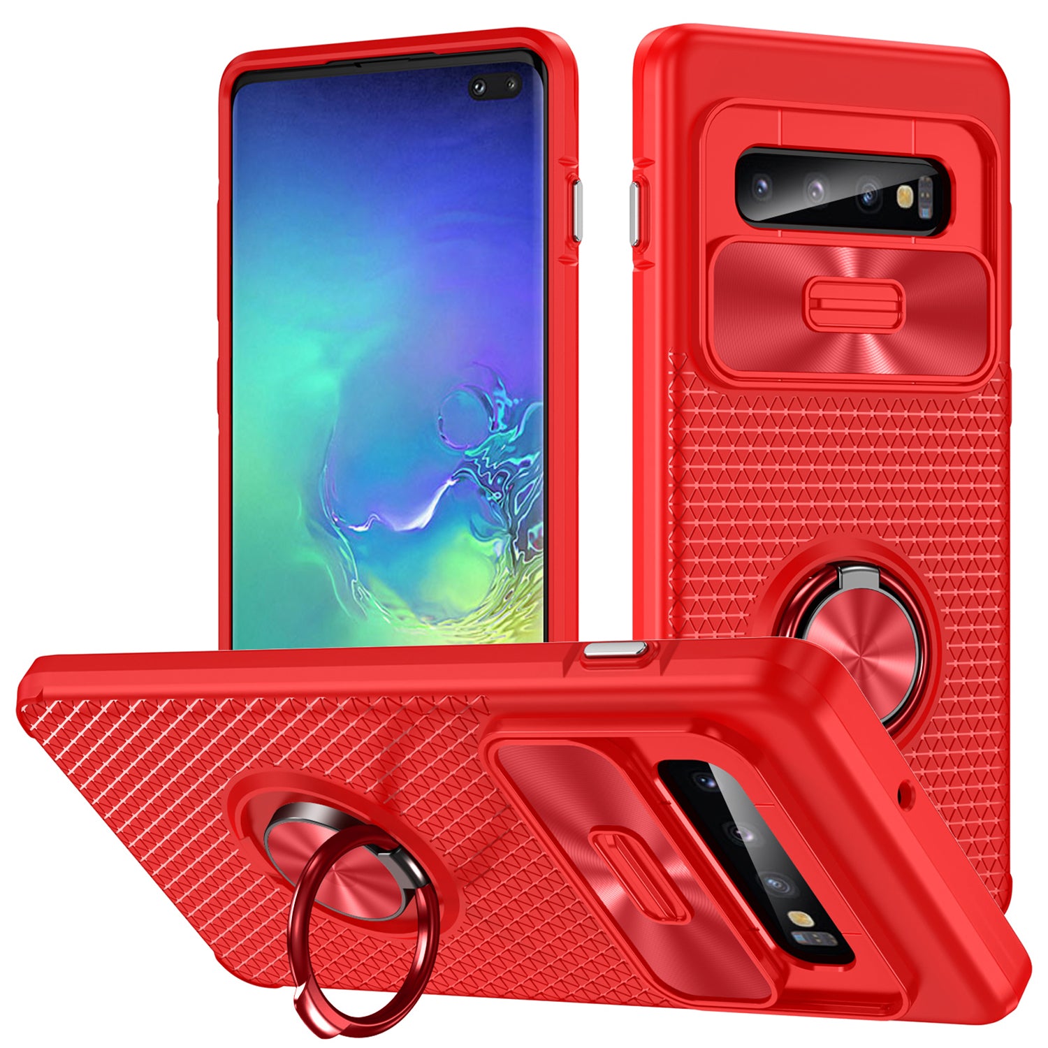 For Samsung Galaxy S10 Plus Ring Kickstand Phone Case Slide Camera Protection PC TPU Anti-drop Cover