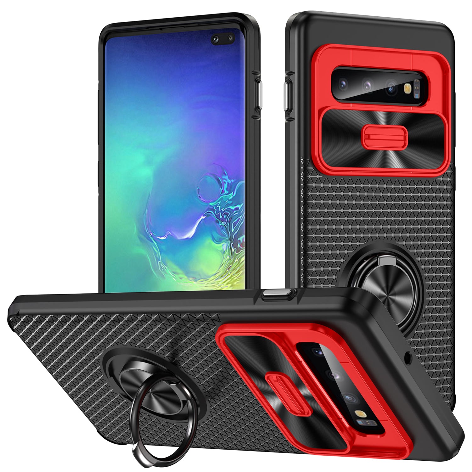 For Samsung Galaxy S10 Plus Ring Kickstand Phone Case Slide Camera Protection PC TPU Anti-drop Cover