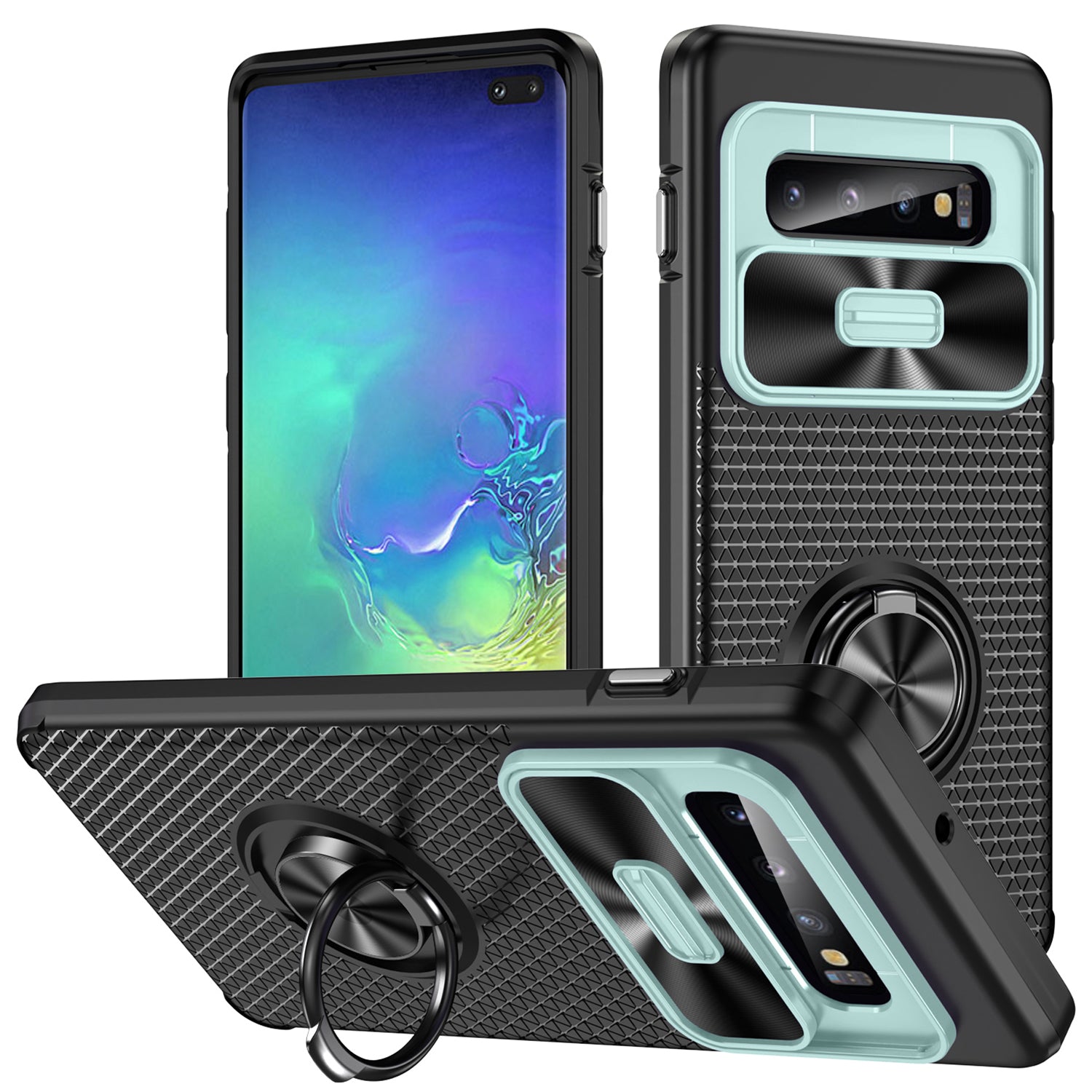 For Samsung Galaxy S10 Plus Ring Kickstand Phone Case Slide Camera Protection PC TPU Anti-drop Cover