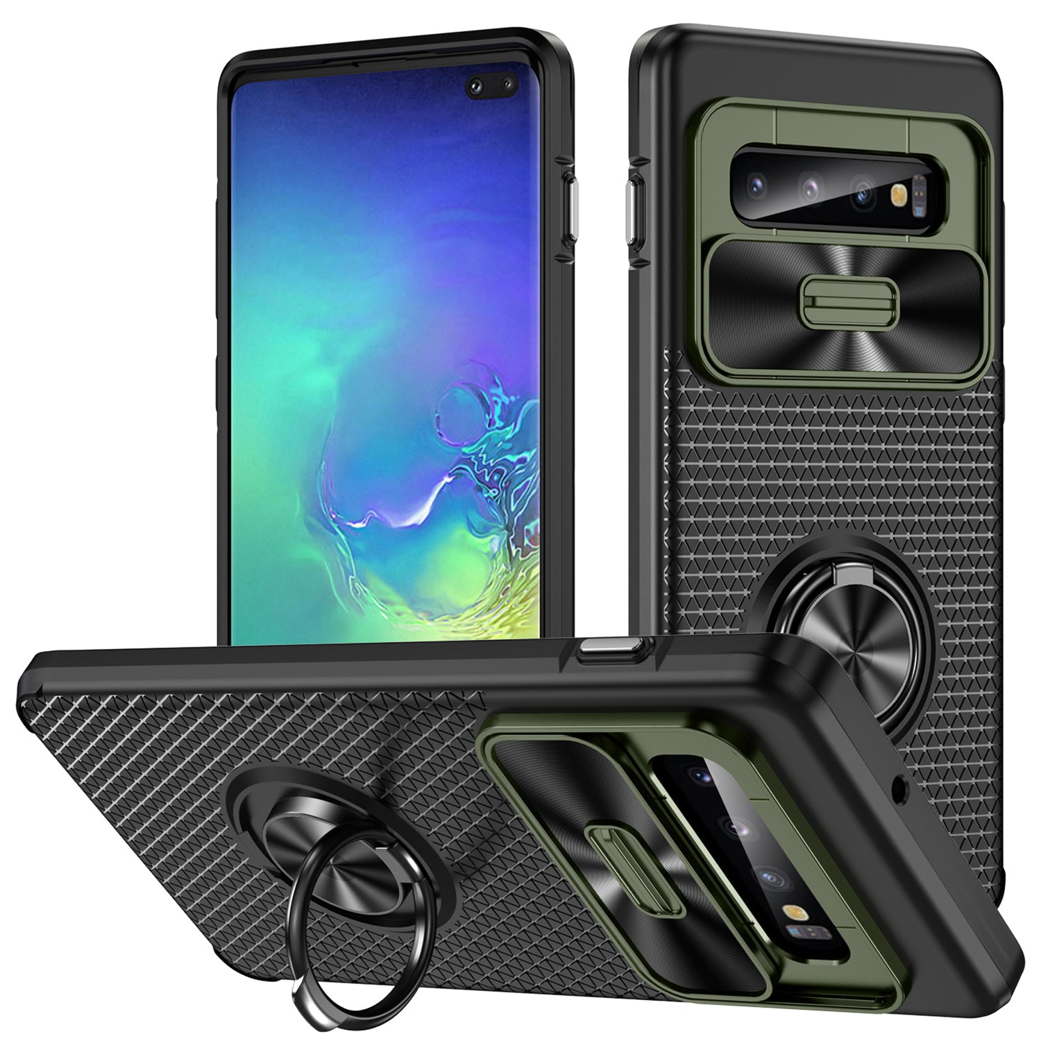 For Samsung Galaxy S10 Plus Ring Kickstand Phone Case Slide Camera Protection PC TPU Anti-drop Cover