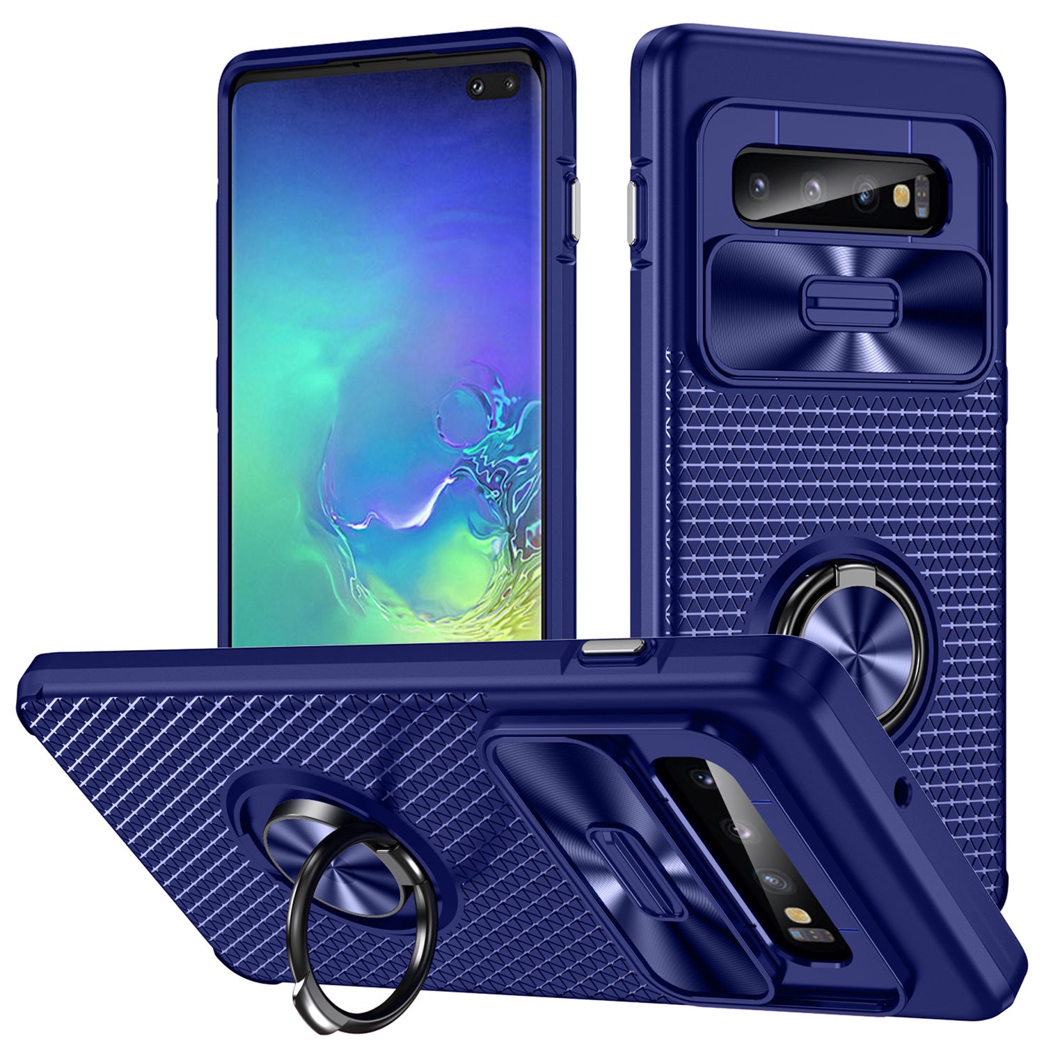 For Samsung Galaxy S10 Plus Ring Kickstand Phone Case Slide Camera Protection PC TPU Anti-drop Cover