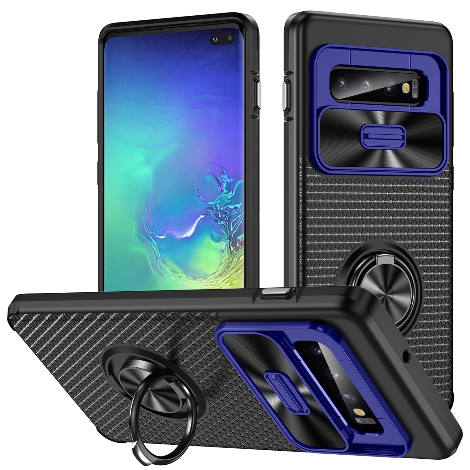 For Samsung Galaxy S10 Plus Ring Kickstand Phone Case Slide Camera Protection PC TPU Anti-drop Cover
