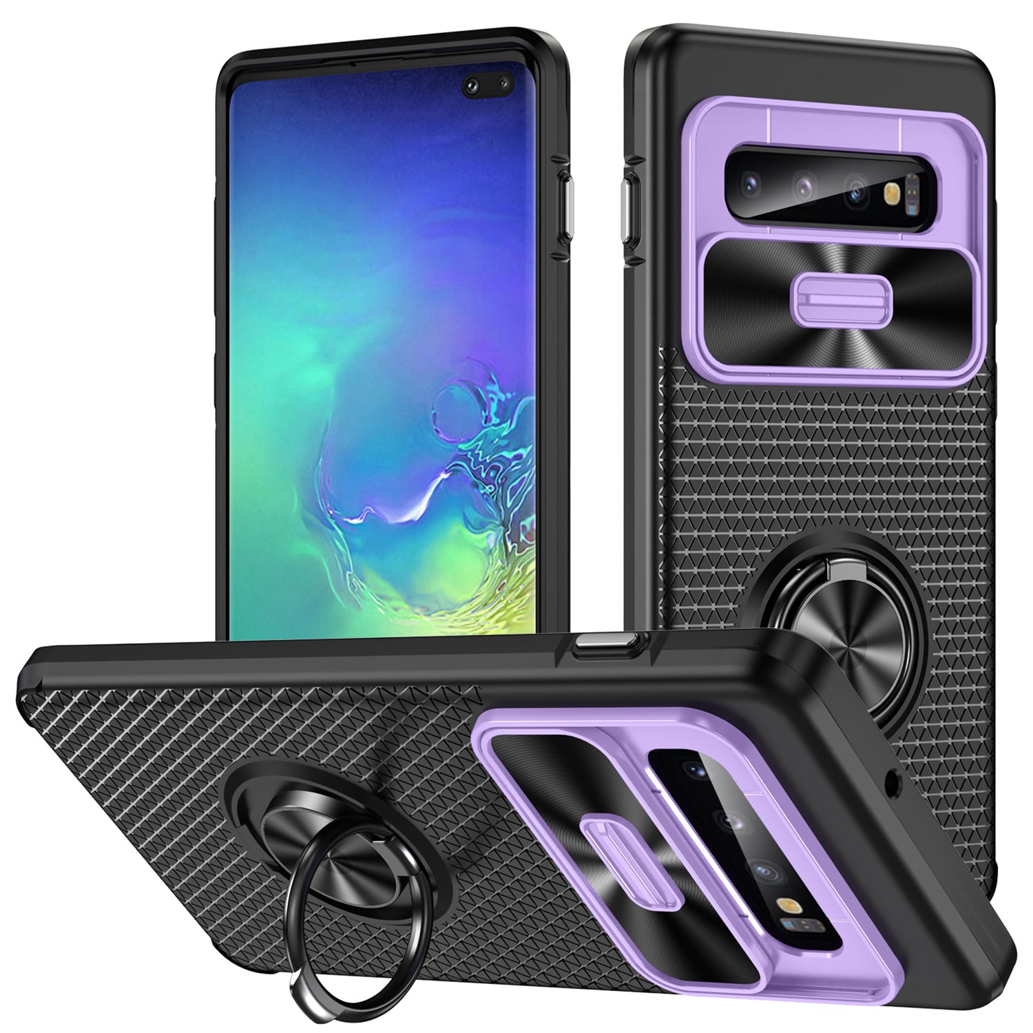 For Samsung Galaxy S10 Plus Ring Kickstand Phone Case Slide Camera Protection PC TPU Anti-drop Cover