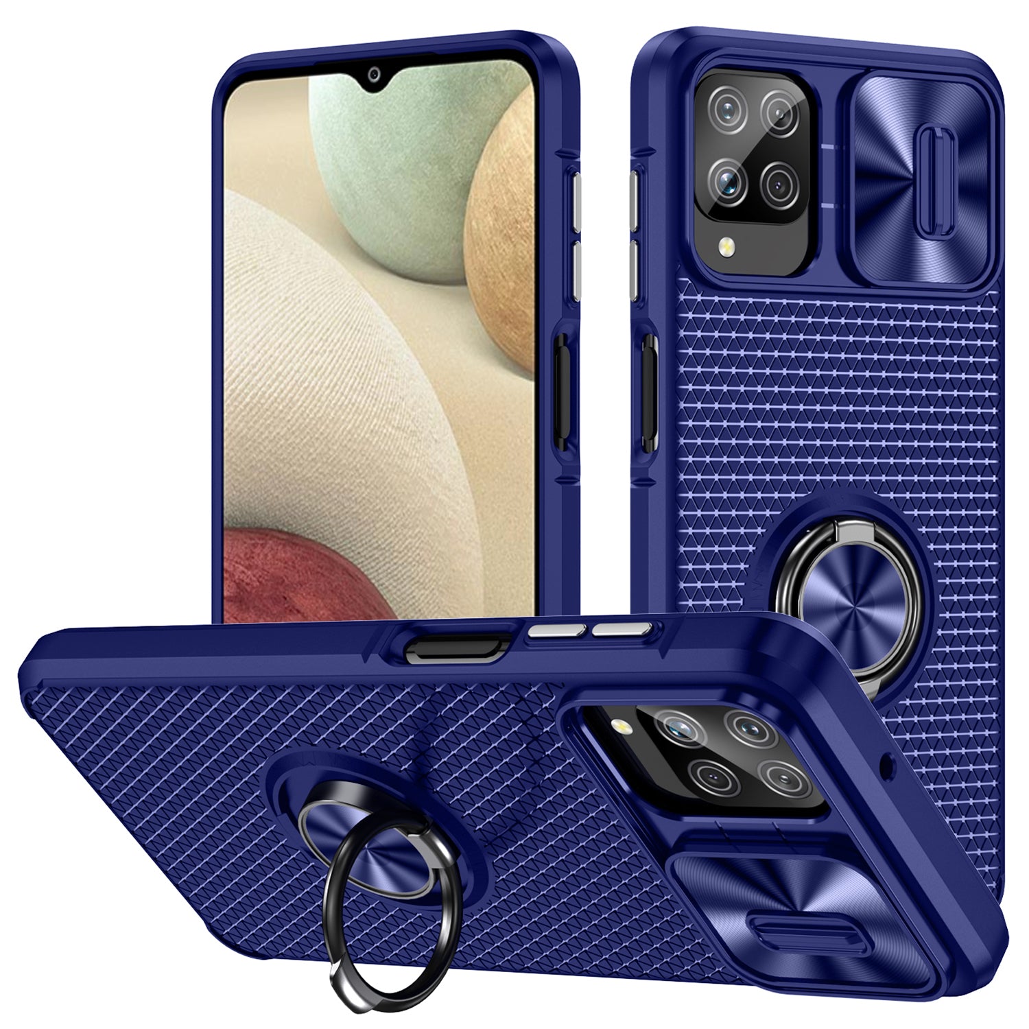For Samsung Galaxy A12 PC TPU Phone Case Slide Camera Protection Back Cover with Ring Kickstand