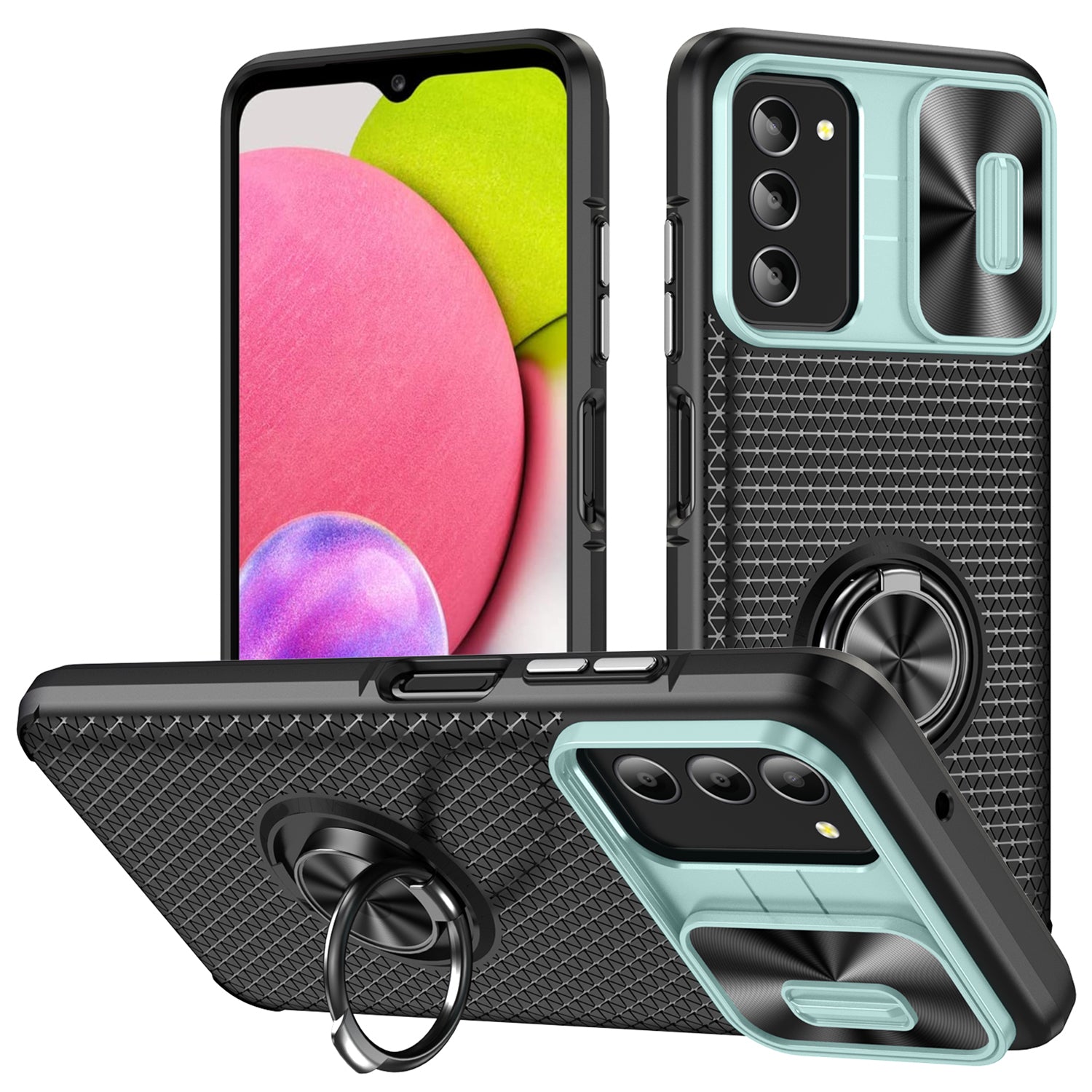 For Samsung Galaxy A03s (165.8 x 75.9 x 9.1mm) (US Version) Phone Case PC TPU Ring Kickstand Cover with Slide Camera Lid