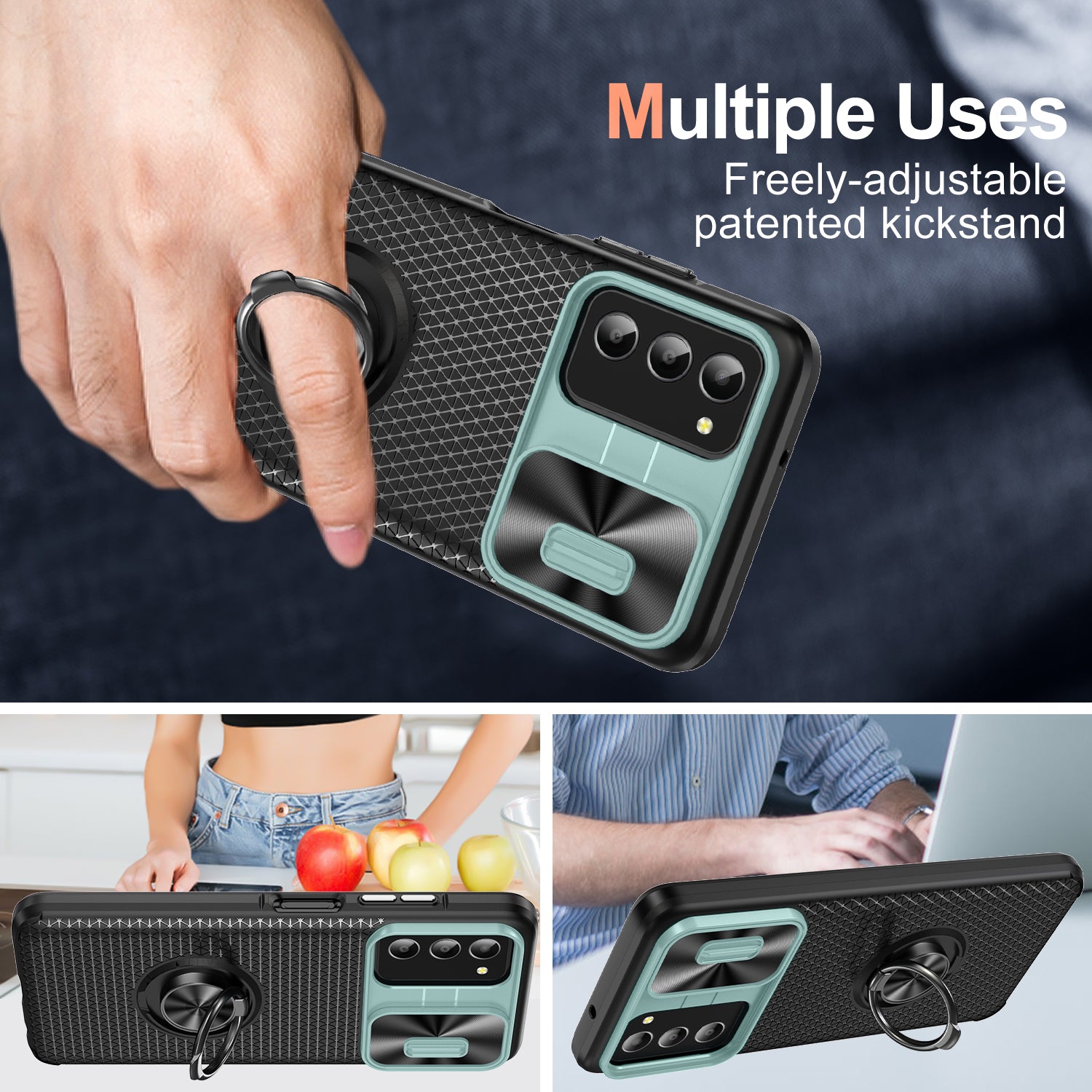 For Samsung Galaxy A03s (165.8 x 75.9 x 9.1mm) (US Version) Phone Case PC TPU Ring Kickstand Cover with Slide Camera Lid