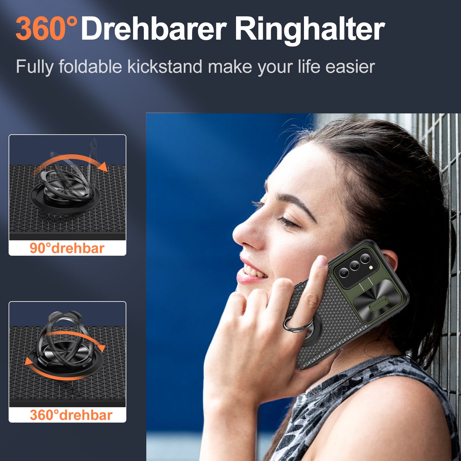 For Samsung Galaxy A03s (165.8 x 75.9 x 9.1mm) (US Version) Phone Case PC TPU Ring Kickstand Cover with Slide Camera Lid