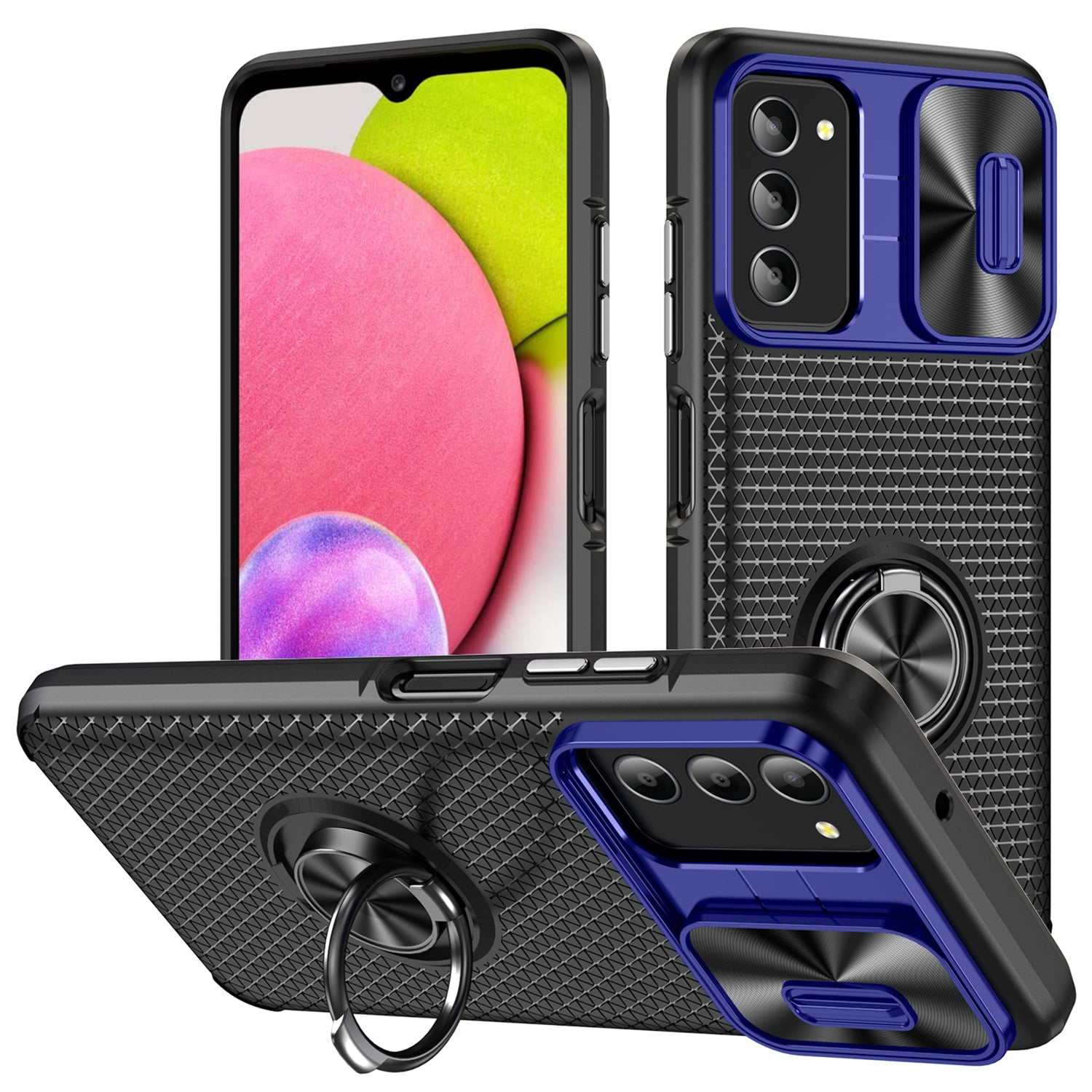 For Samsung Galaxy A03s (165.8 x 75.9 x 9.1mm) (US Version) Phone Case PC TPU Ring Kickstand Cover with Slide Camera Lid