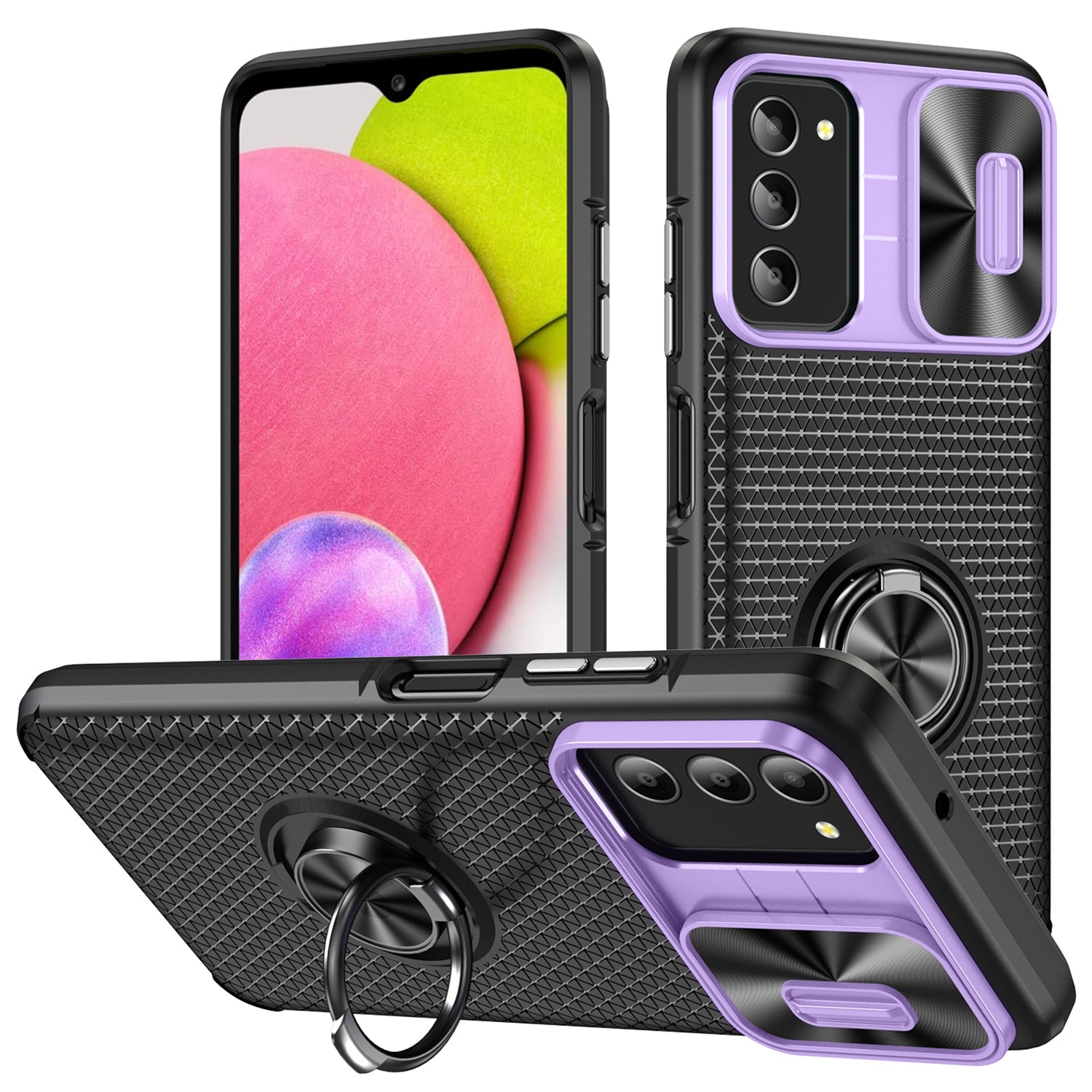 For Samsung Galaxy A03s (165.8 x 75.9 x 9.1mm) (US Version) Phone Case PC TPU Ring Kickstand Cover with Slide Camera Lid