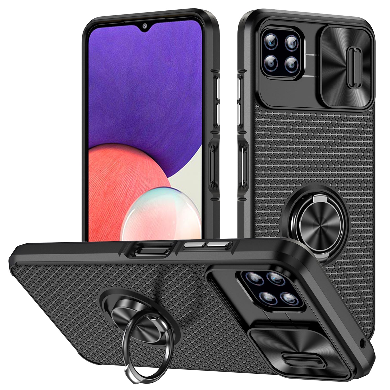 For Samsung Galaxy A22 5G (EU Version) Ring Kickstand PC TPU Phone Case Slide Camera Lid Shockproof Cover