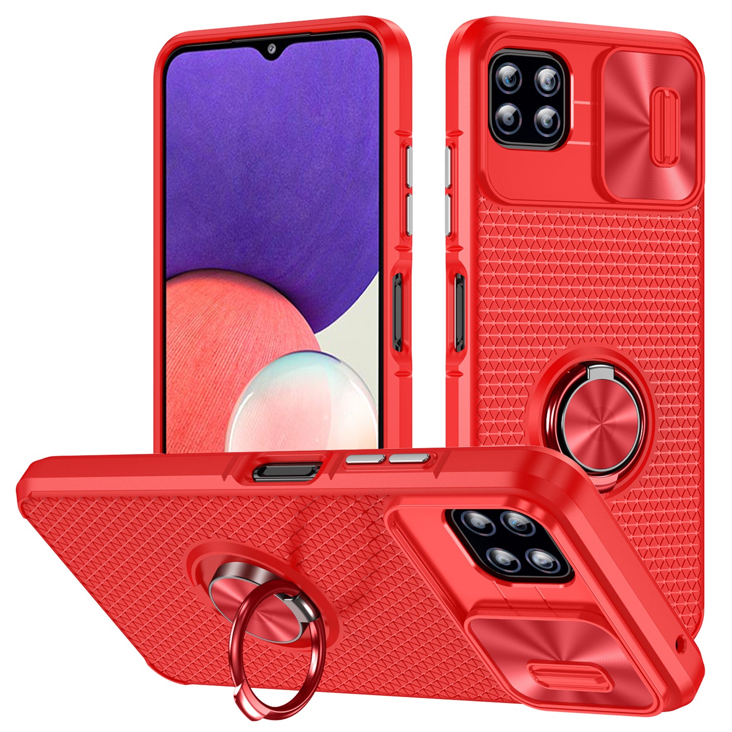 For Samsung Galaxy A22 5G (EU Version) Ring Kickstand PC TPU Phone Case Slide Camera Lid Shockproof Cover