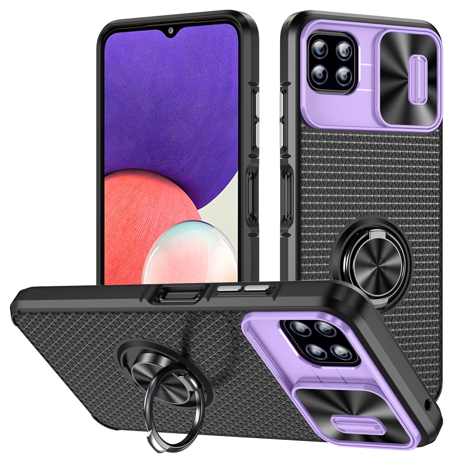 For Samsung Galaxy A22 5G (EU Version) Ring Kickstand PC TPU Phone Case Slide Camera Lid Shockproof Cover
