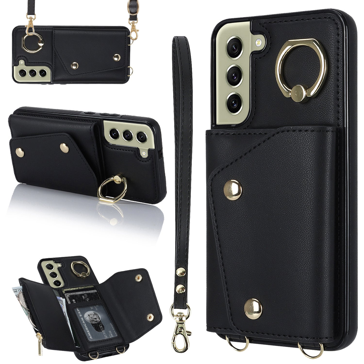Til Samsung Galaxy S21 FE 5G lynlås tegnebog Crossbody Phone Case PU læderbelagt TPU Kickstand Cover