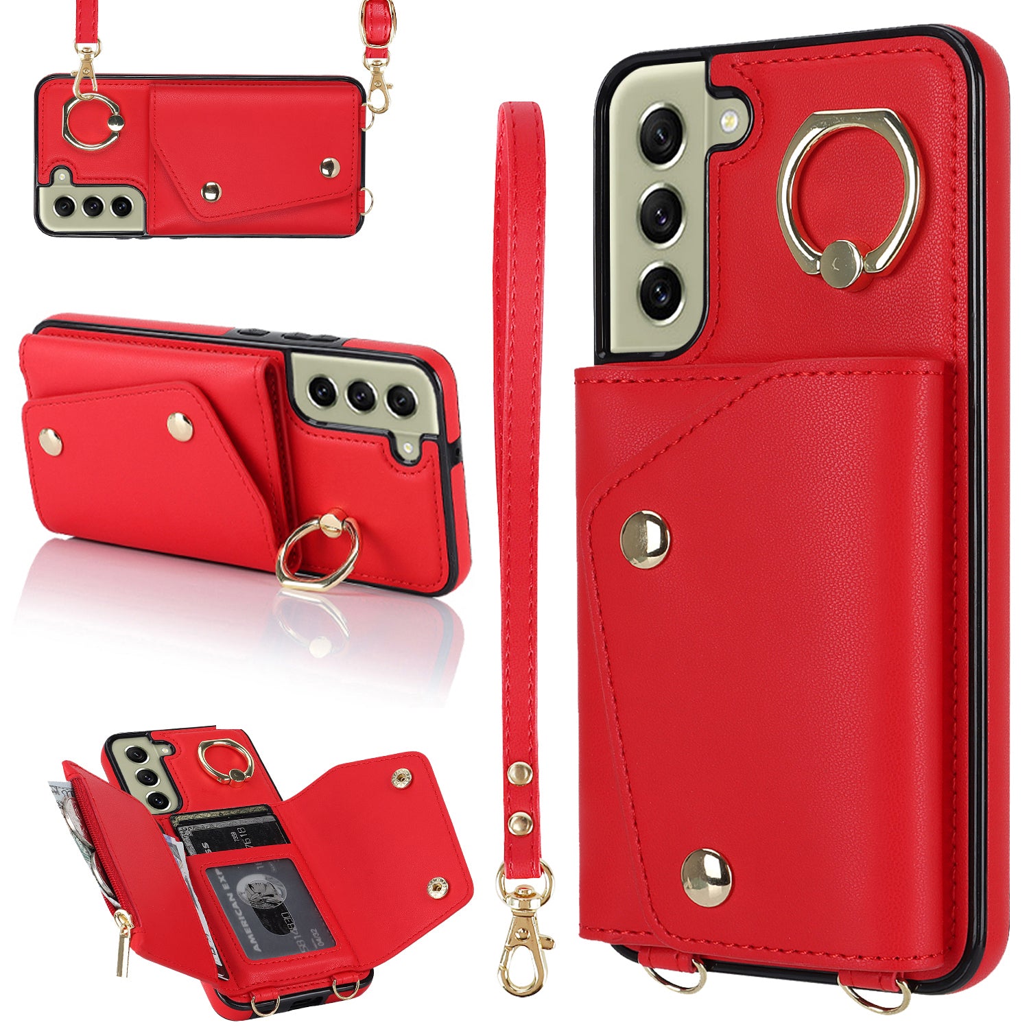 Til Samsung Galaxy S21 FE 5G lynlås tegnebog Crossbody Phone Case PU læderbelagt TPU Kickstand Cover