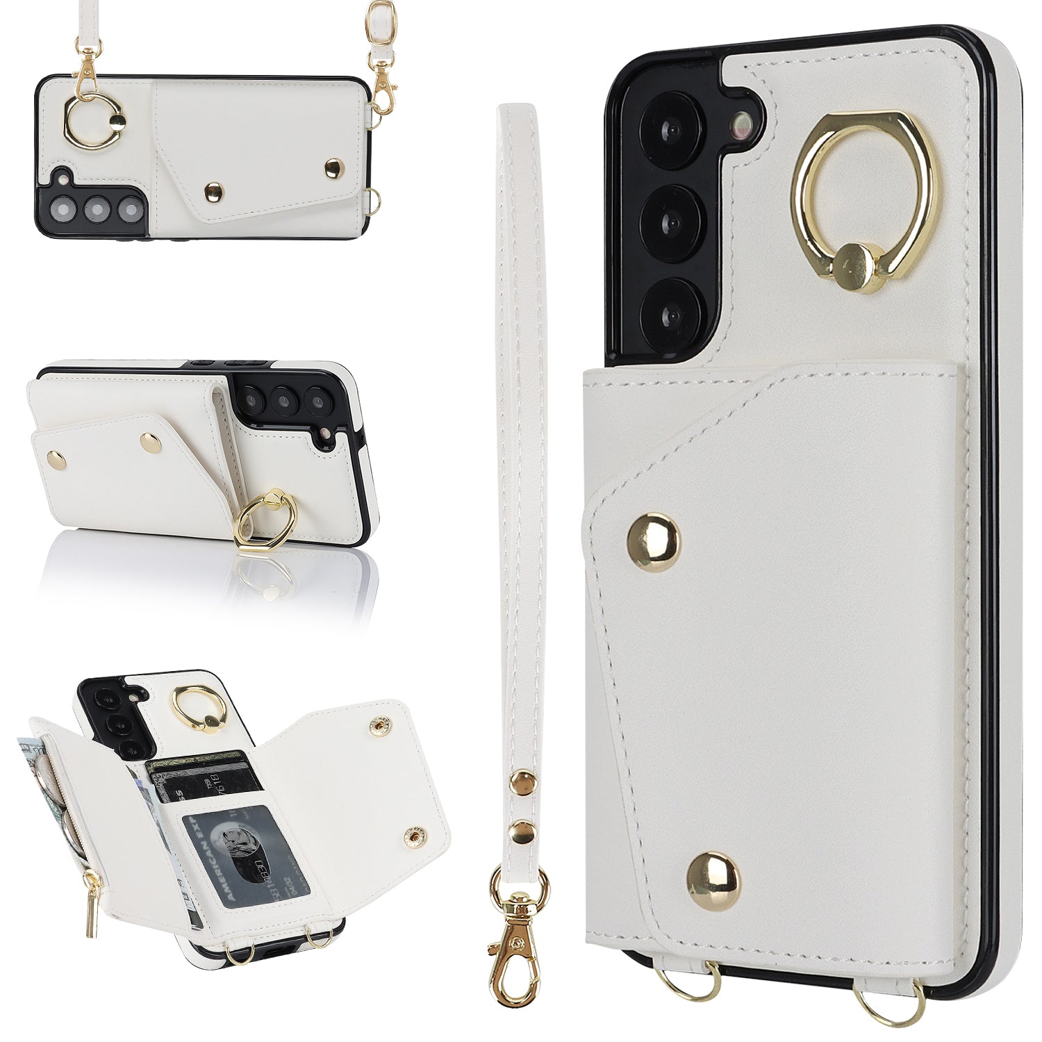 Peněženka se zipem pro telefon Samsung Galaxy S22 5G PU Leather Coated TPU Ring Kickstand Kryt telefonu