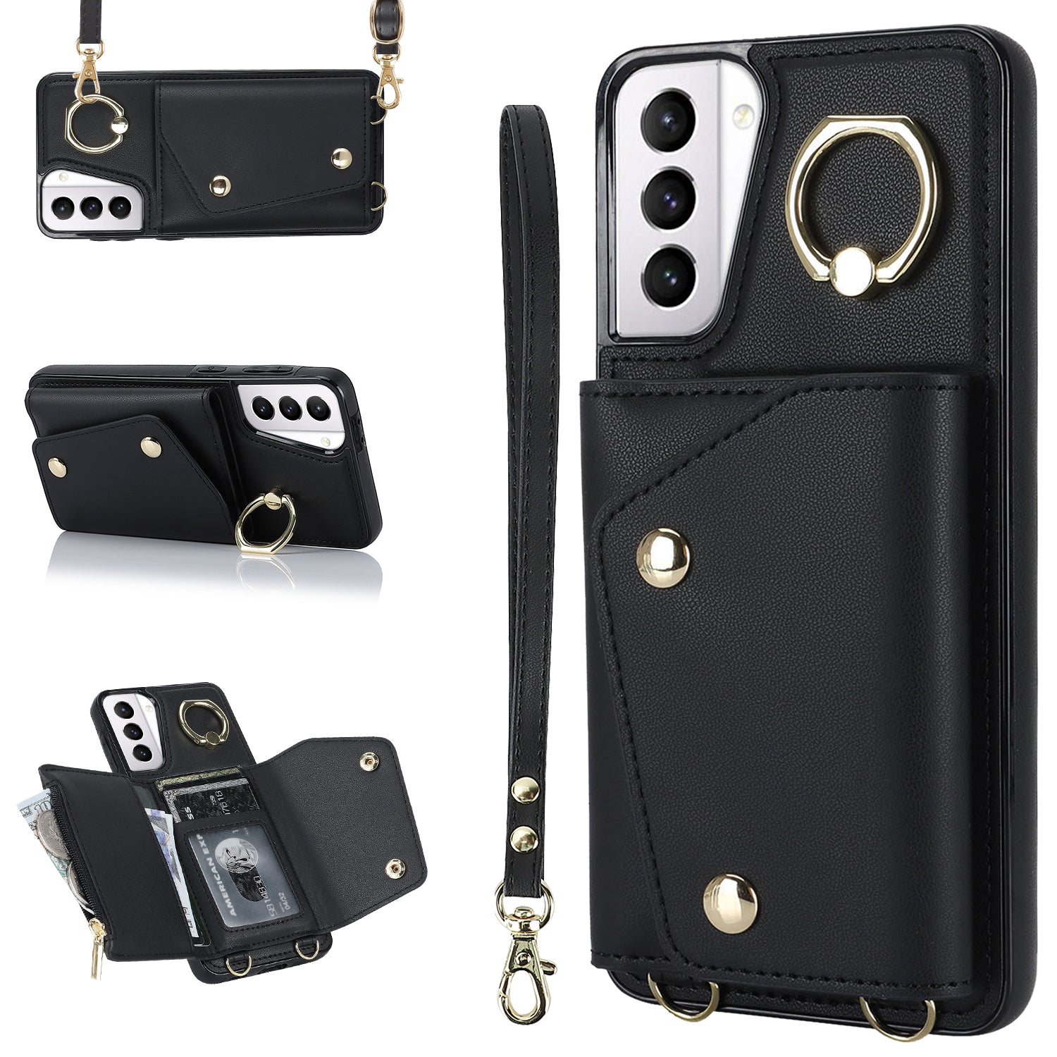 For Samsung Galaxy S21 4G / 5G Kickstand Case Zipper Wallet PU Leather Coated TPU Crossbody Phone Cover