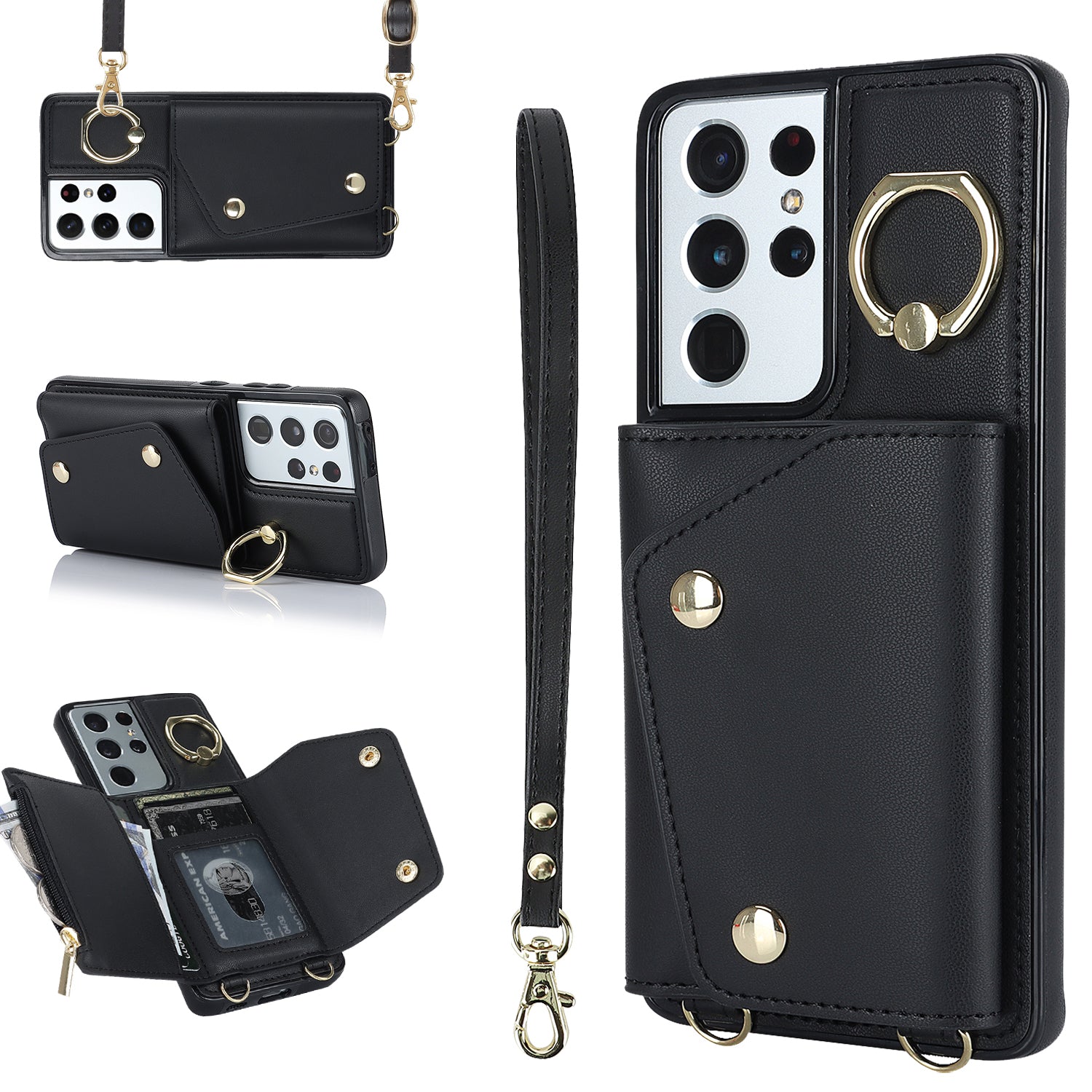 For Samsung Galaxy S21 Ultra 5G Crossbody Phone Case with Zipper Wallet Kickstand PU Leather Coated TPU Cover