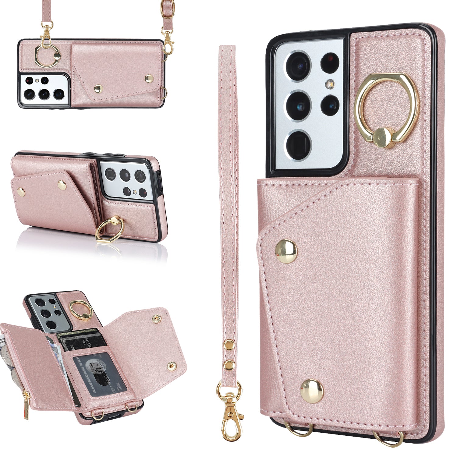 For Samsung Galaxy S21 Ultra 5G Crossbody Phone Case with Zipper Wallet Kickstand PU Leather Coated TPU Cover