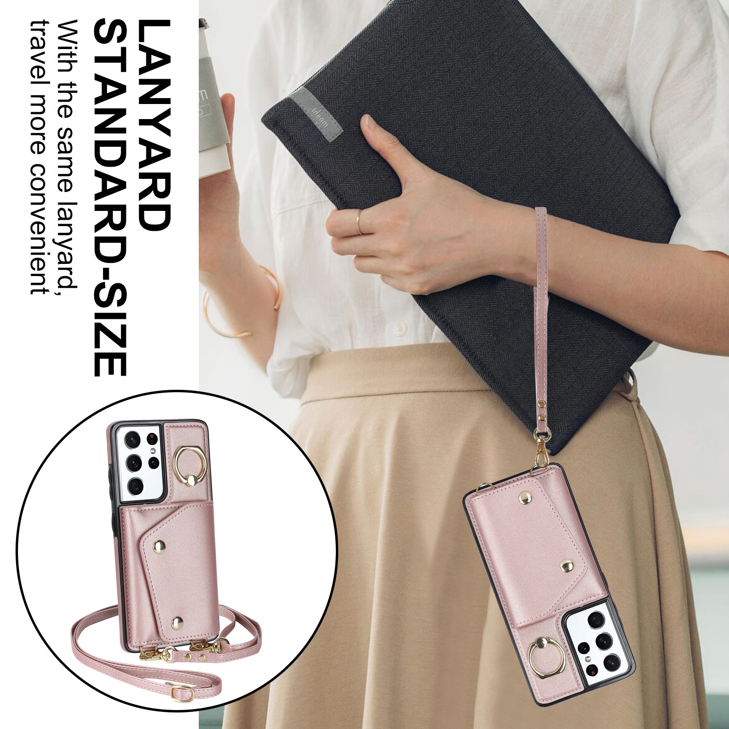 For Samsung Galaxy S21 Ultra 5G Crossbody Phone Case with Zipper Wallet Kickstand PU Leather Coated TPU Cover