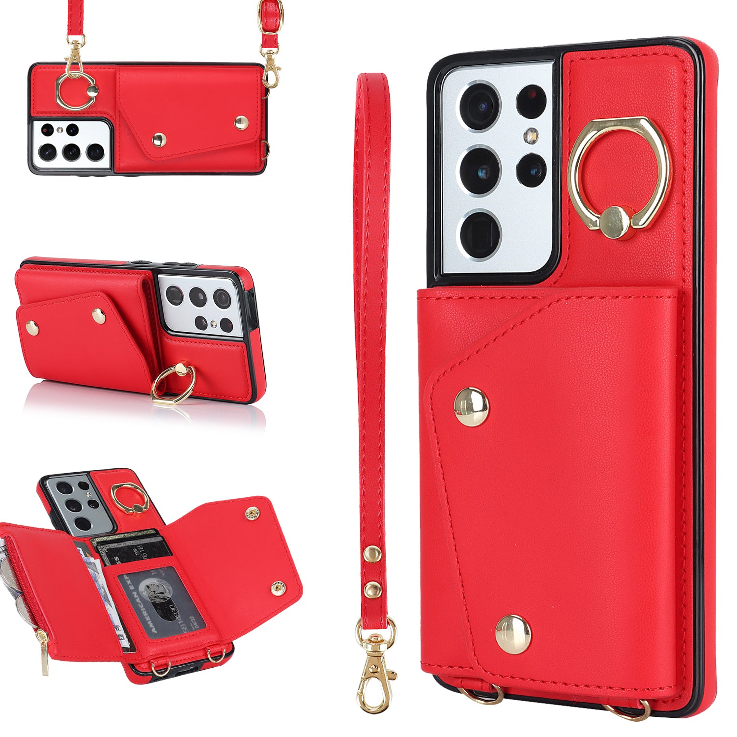 For Samsung Galaxy S21 Ultra 5G Crossbody Phone Case with Zipper Wallet Kickstand PU Leather Coated TPU Cover