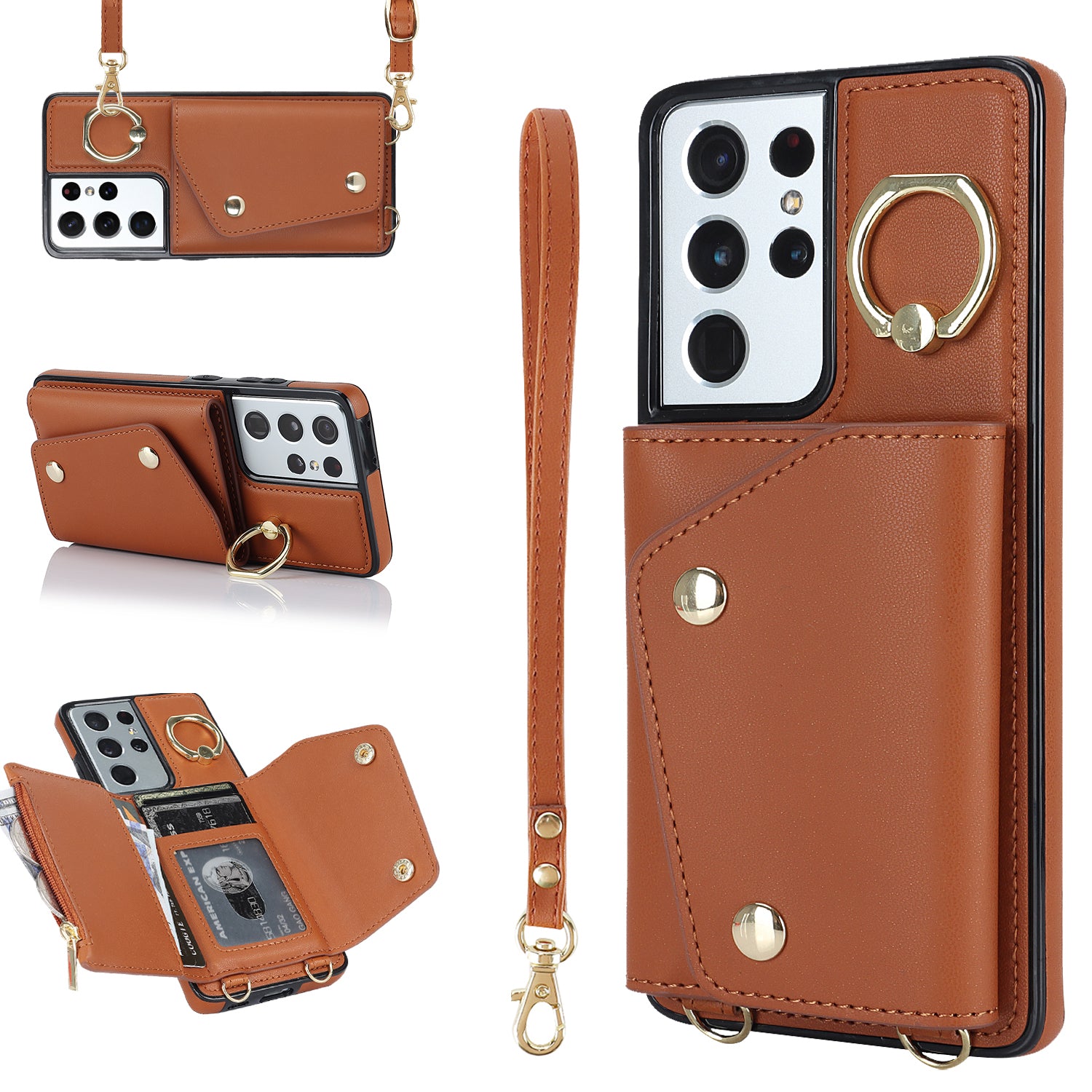 For Samsung Galaxy S21 Ultra 5G Crossbody Phone Case with Zipper Wallet Kickstand PU Leather Coated TPU Cover