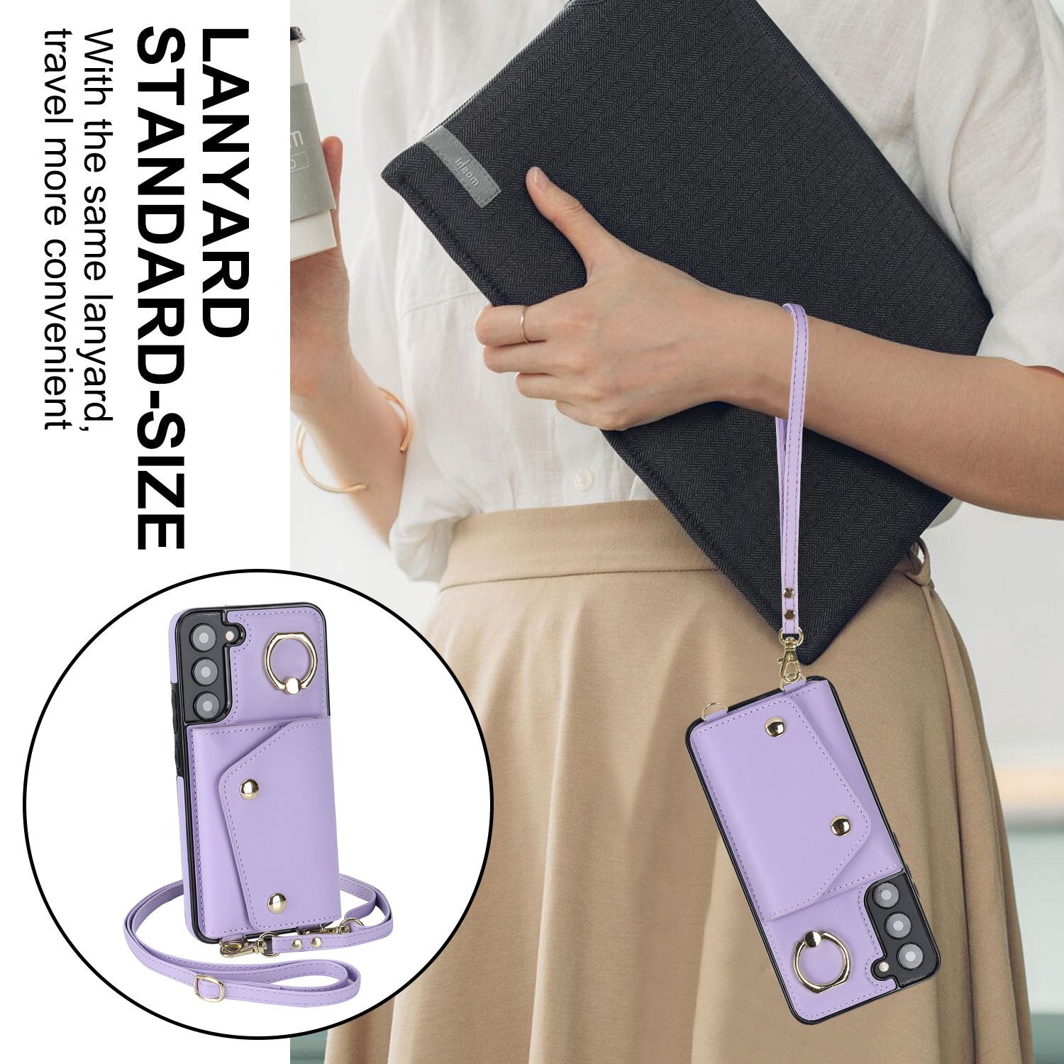 For Samsung Galaxy S22 5G Zipper Wallet Phone Cover Rotary Ring Kickstand PU Leather Coated TPU Case