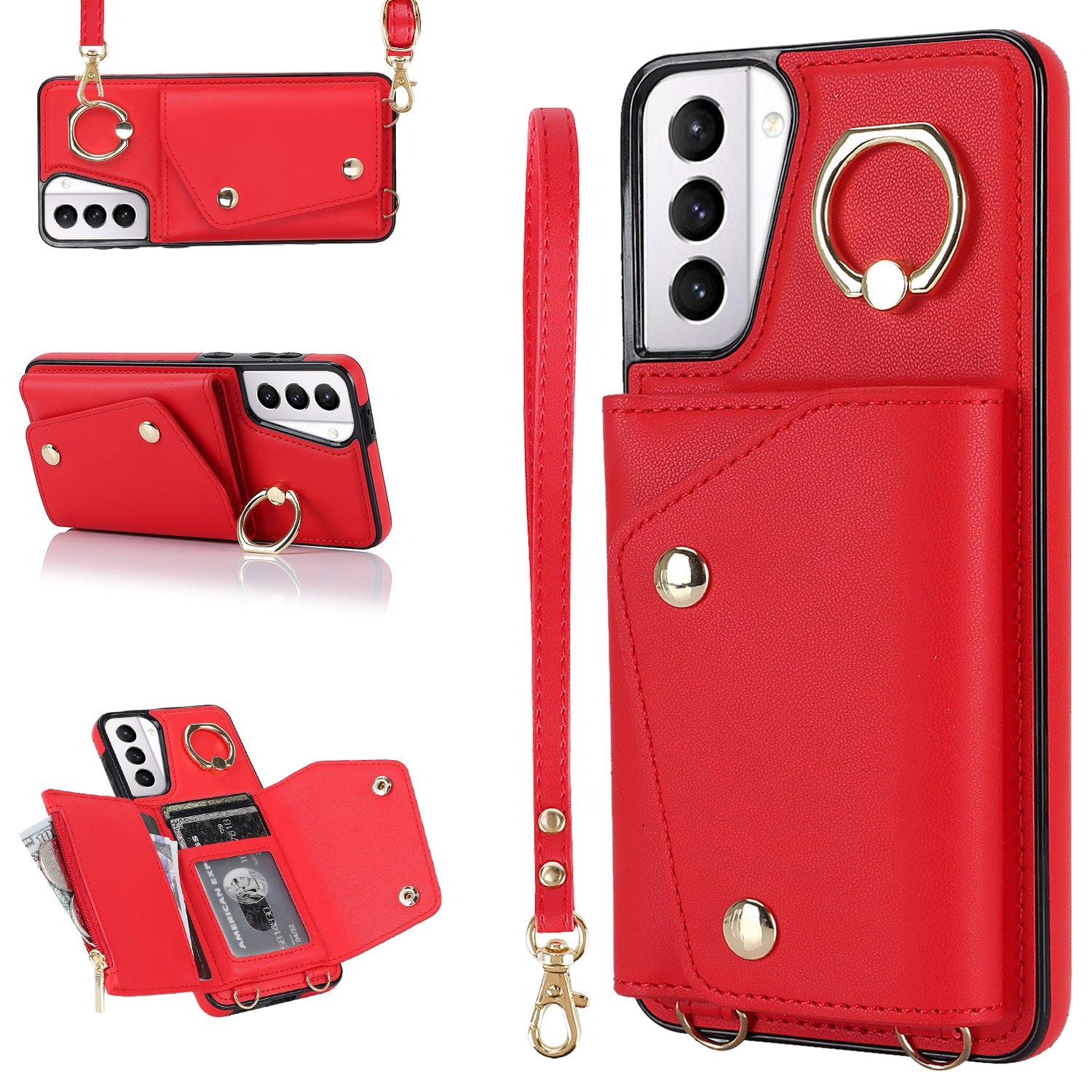 For Samsung Galaxy S21 5G Zipper Wallet Ring Kickstand Case PU Leather Coated TPU Phone Cover