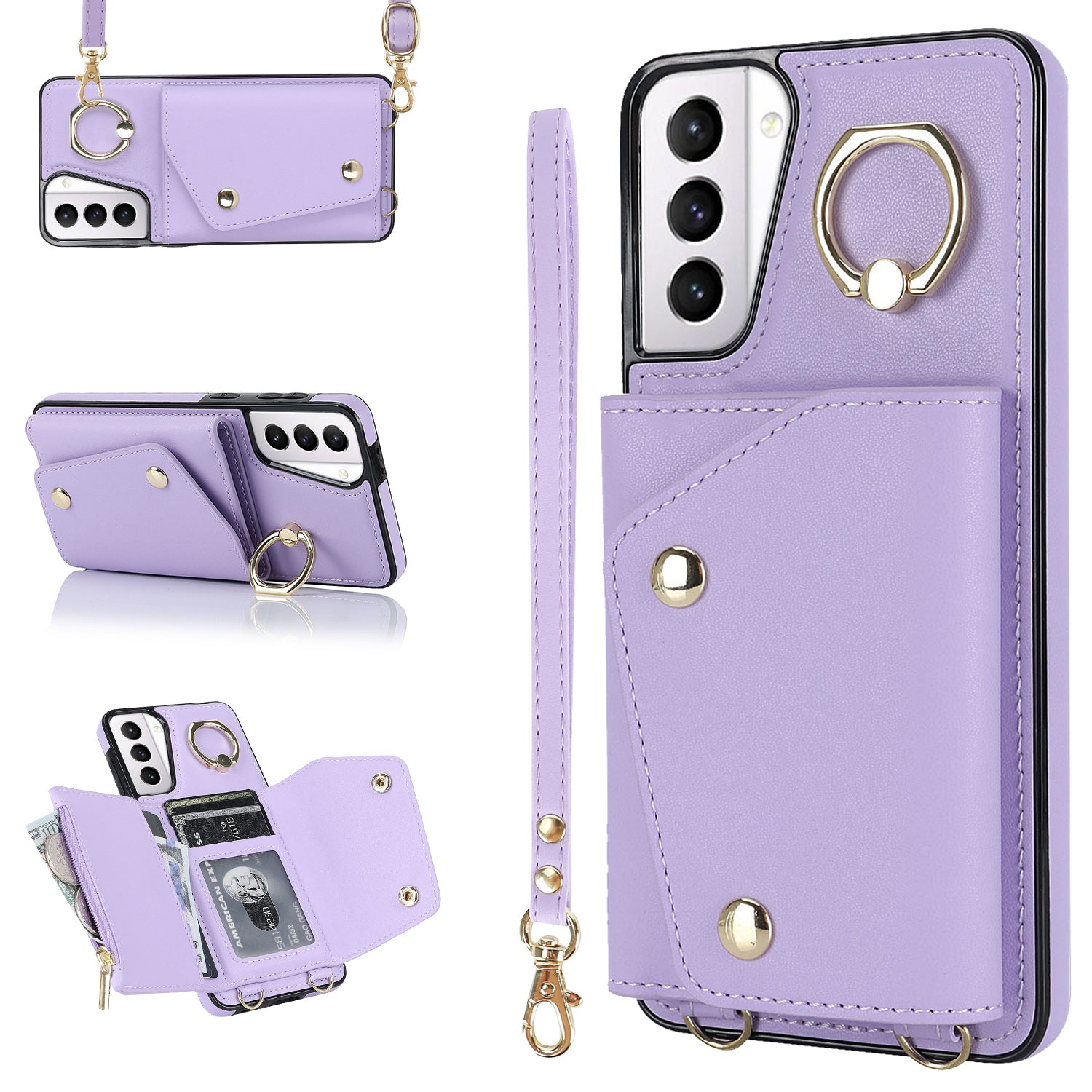 For Samsung Galaxy S21 5G Zipper Wallet Ring Kickstand Case PU Leather Coated TPU Phone Cover