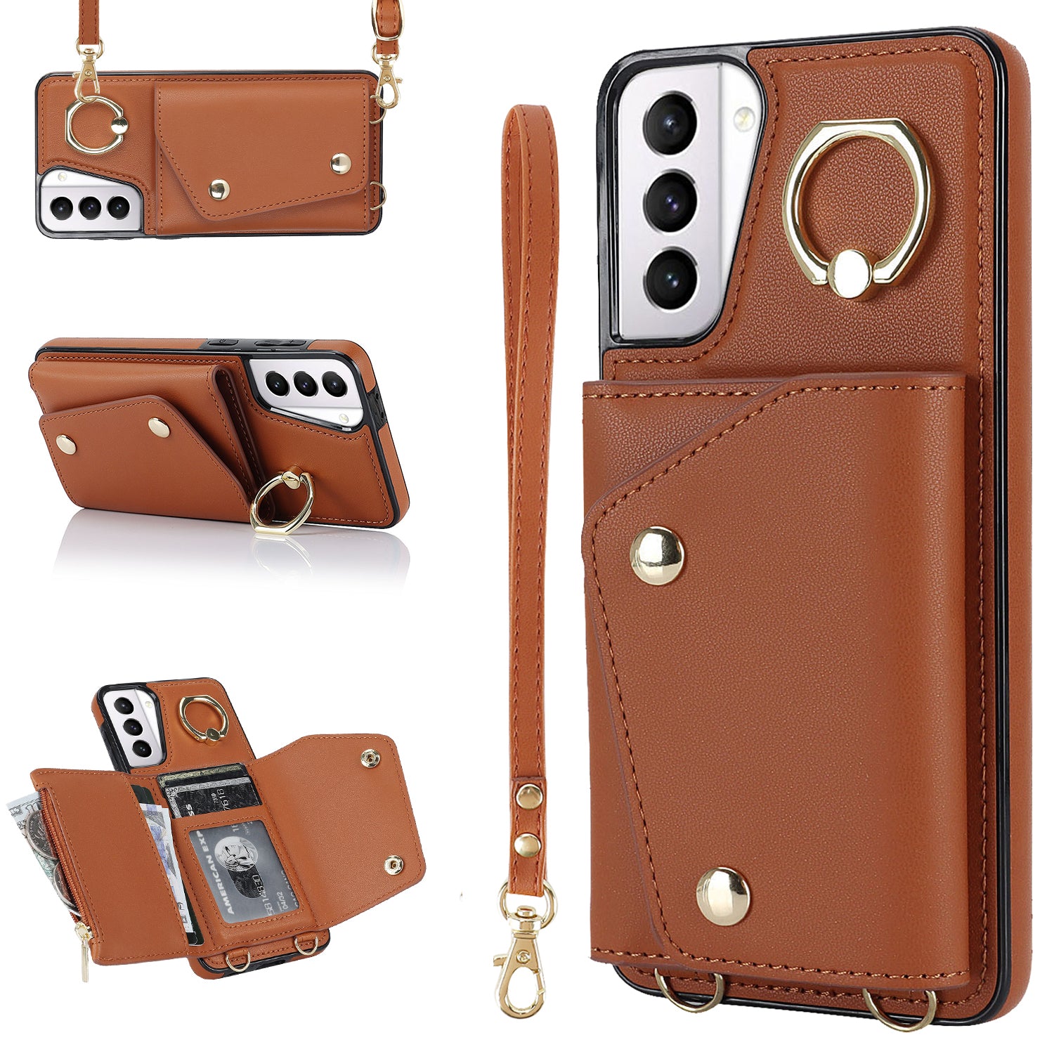 For Samsung Galaxy S21 5G Zipper Wallet Ring Kickstand Case PU Leather Coated TPU Phone Cover