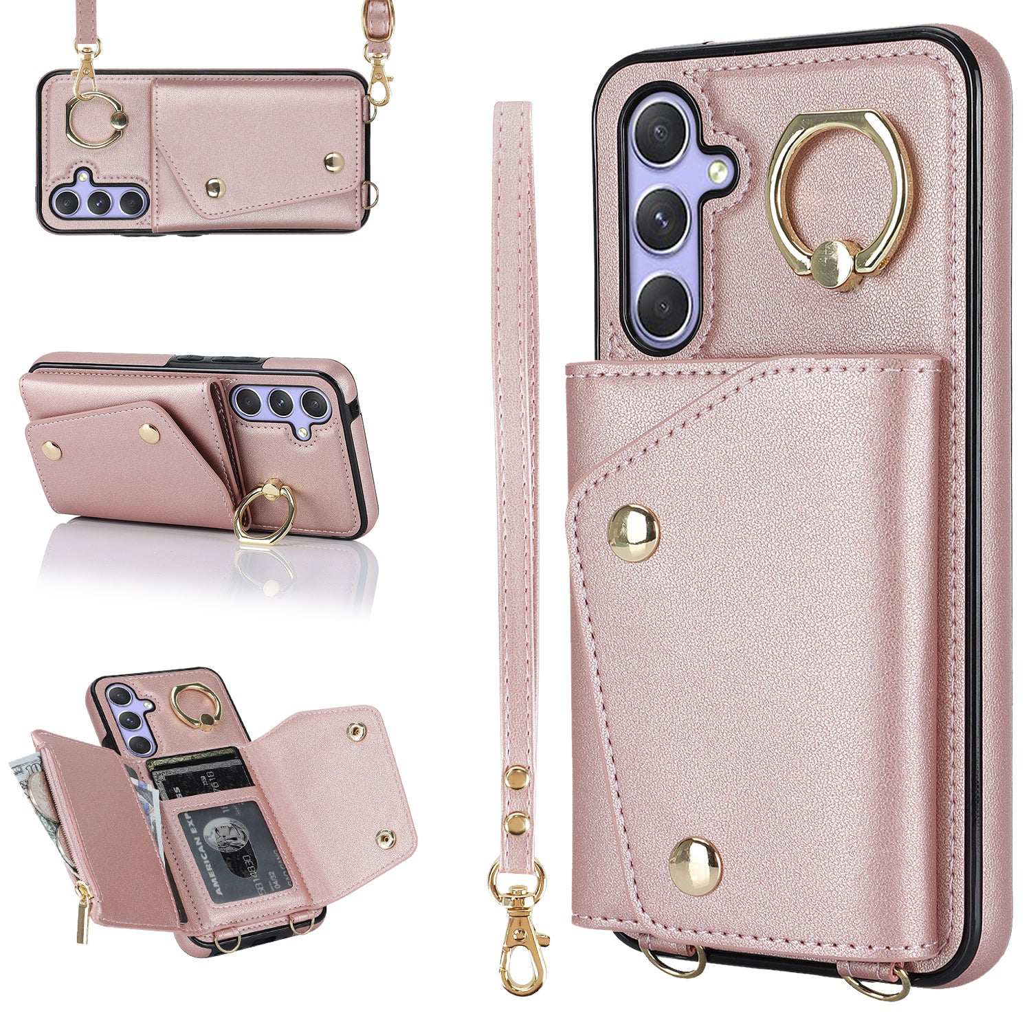 Phone Case for Samsung Galaxy A14 5G PU Leather Coated TPU Cover with Zipper Wallet Kickstand