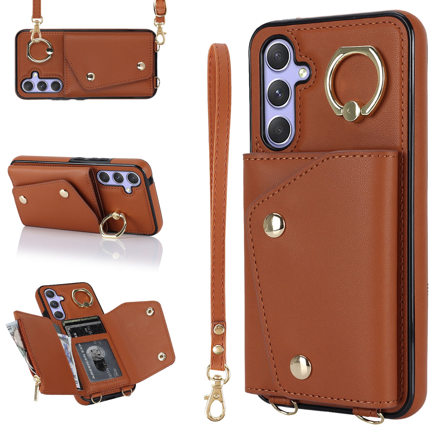 Phone Case for Samsung Galaxy A14 5G PU Leather Coated TPU Cover with Zipper Wallet Kickstand