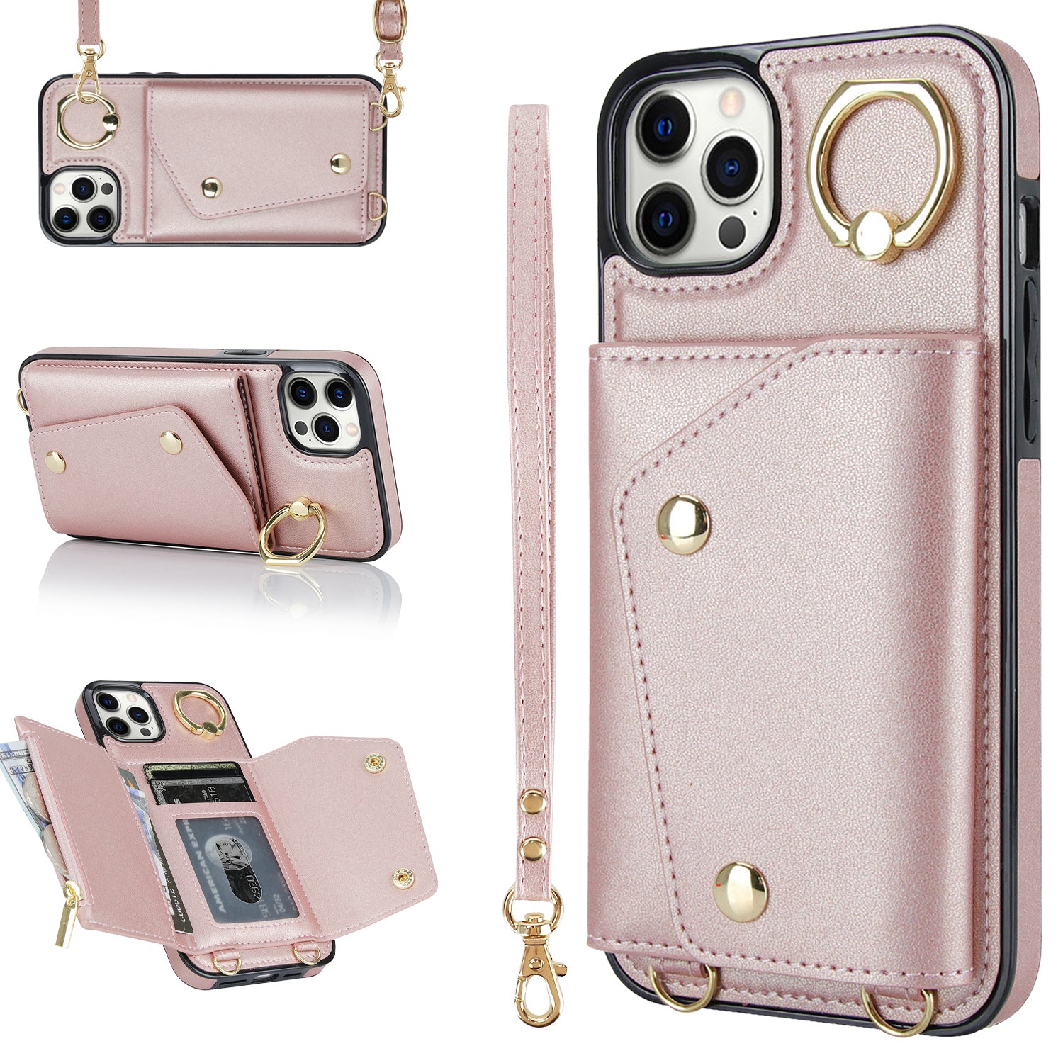 Telefontaske med lynlåspung til iPhone 12 Pro Ring Kickstand PU læderbelagt TPU bagcover